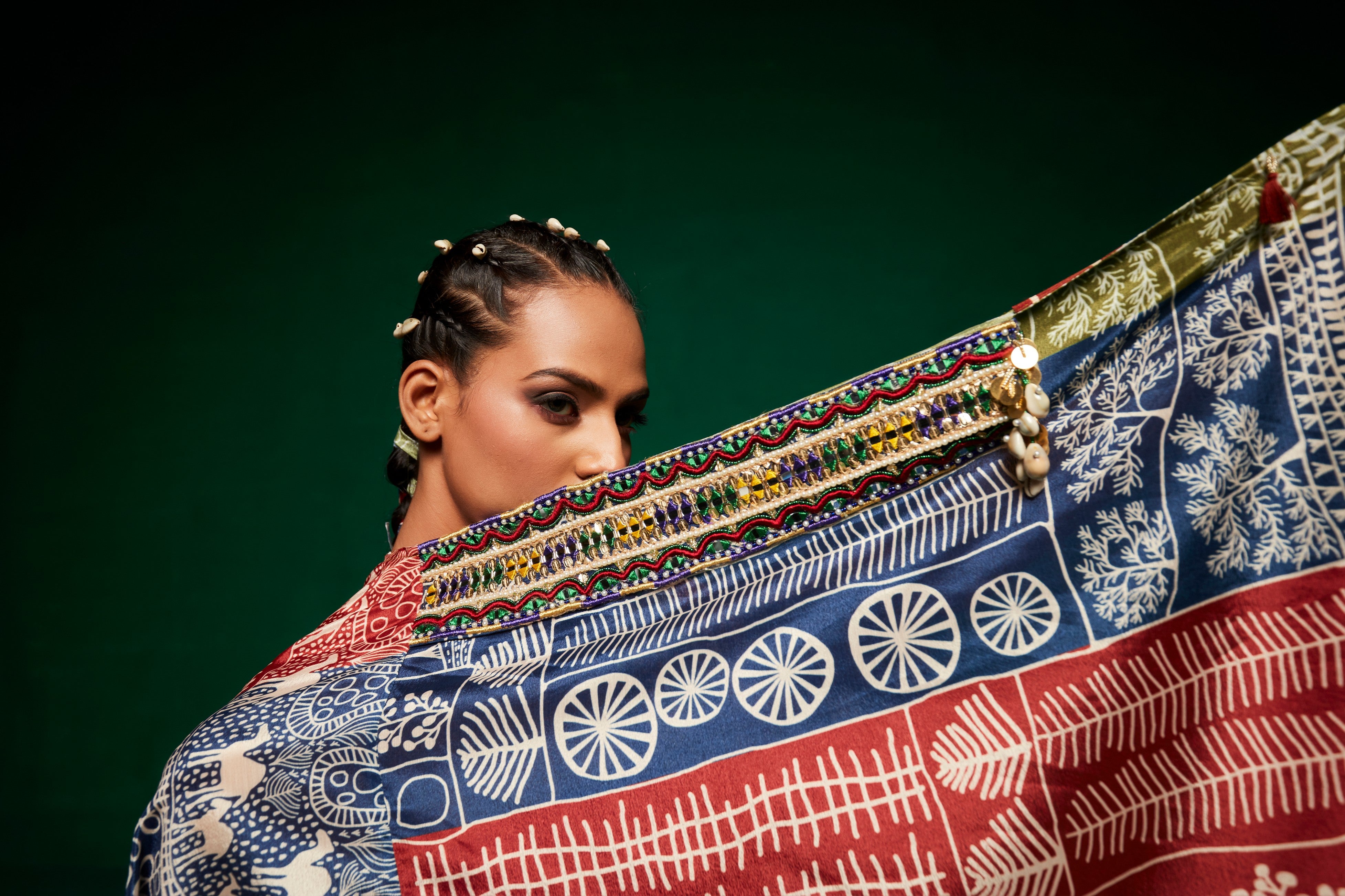 Tri coloured cape with tube top & sharara pants