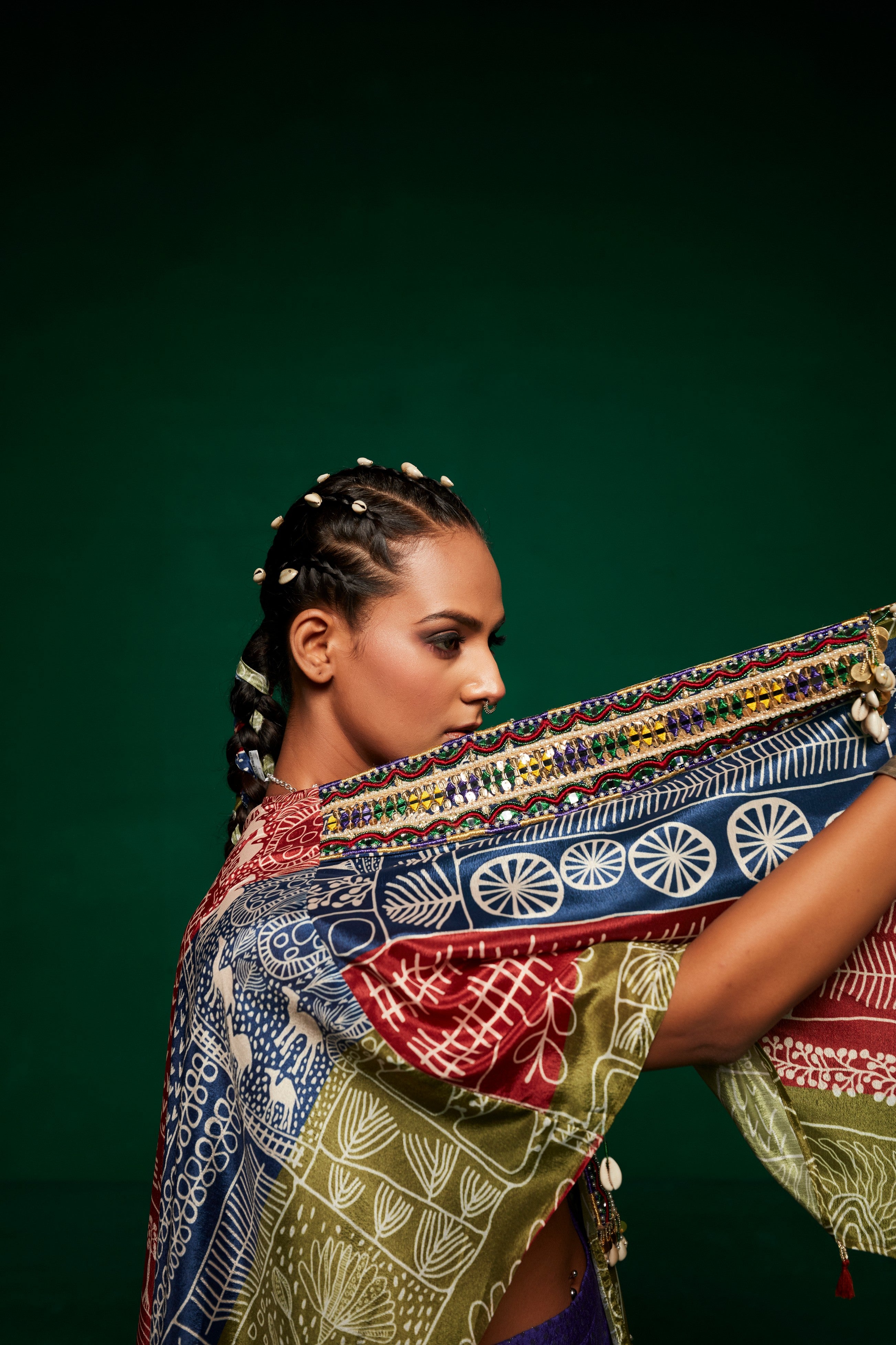 Tri coloured cape with tube top & sharara pants