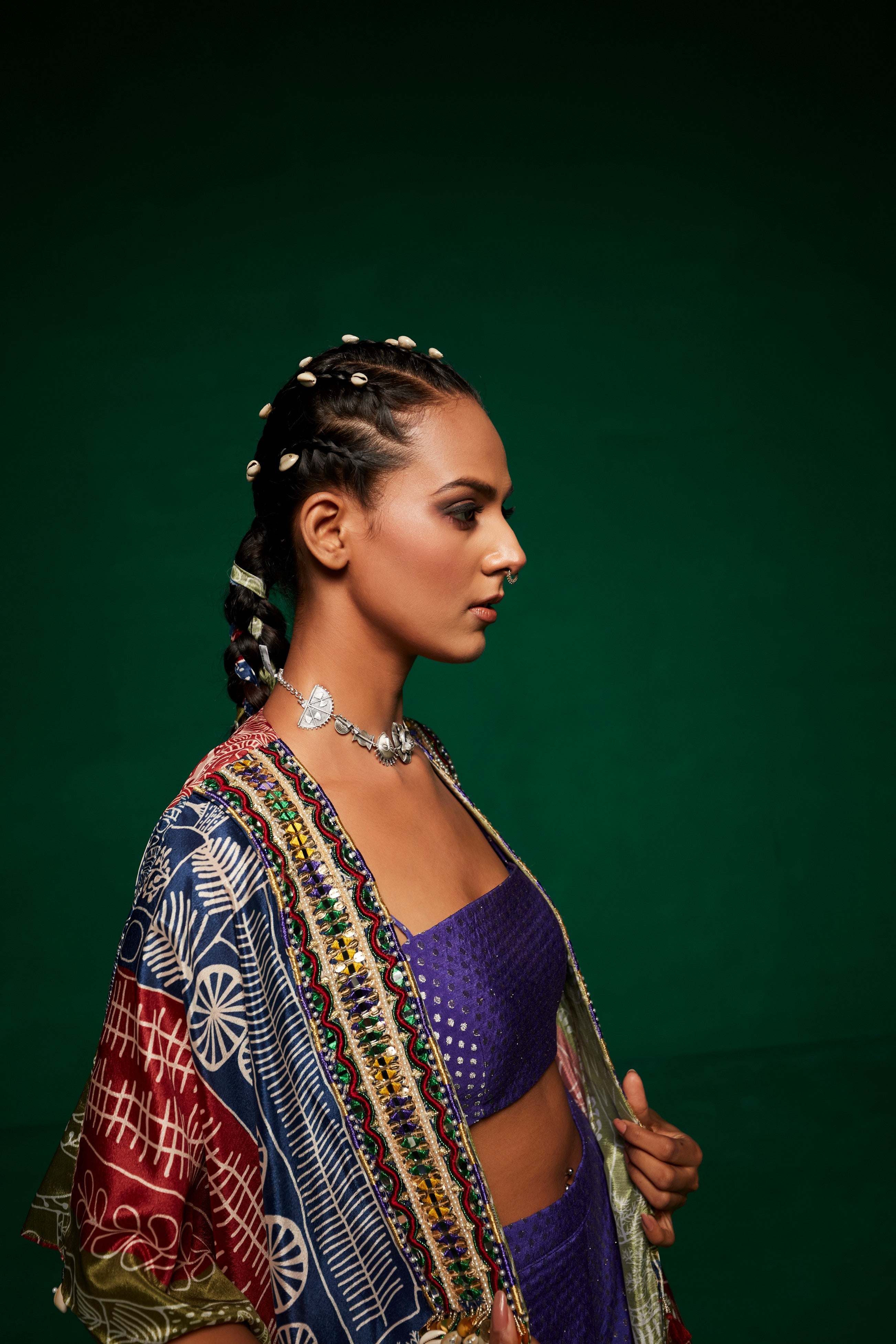 Tri coloured cape with tube top & sharara pants