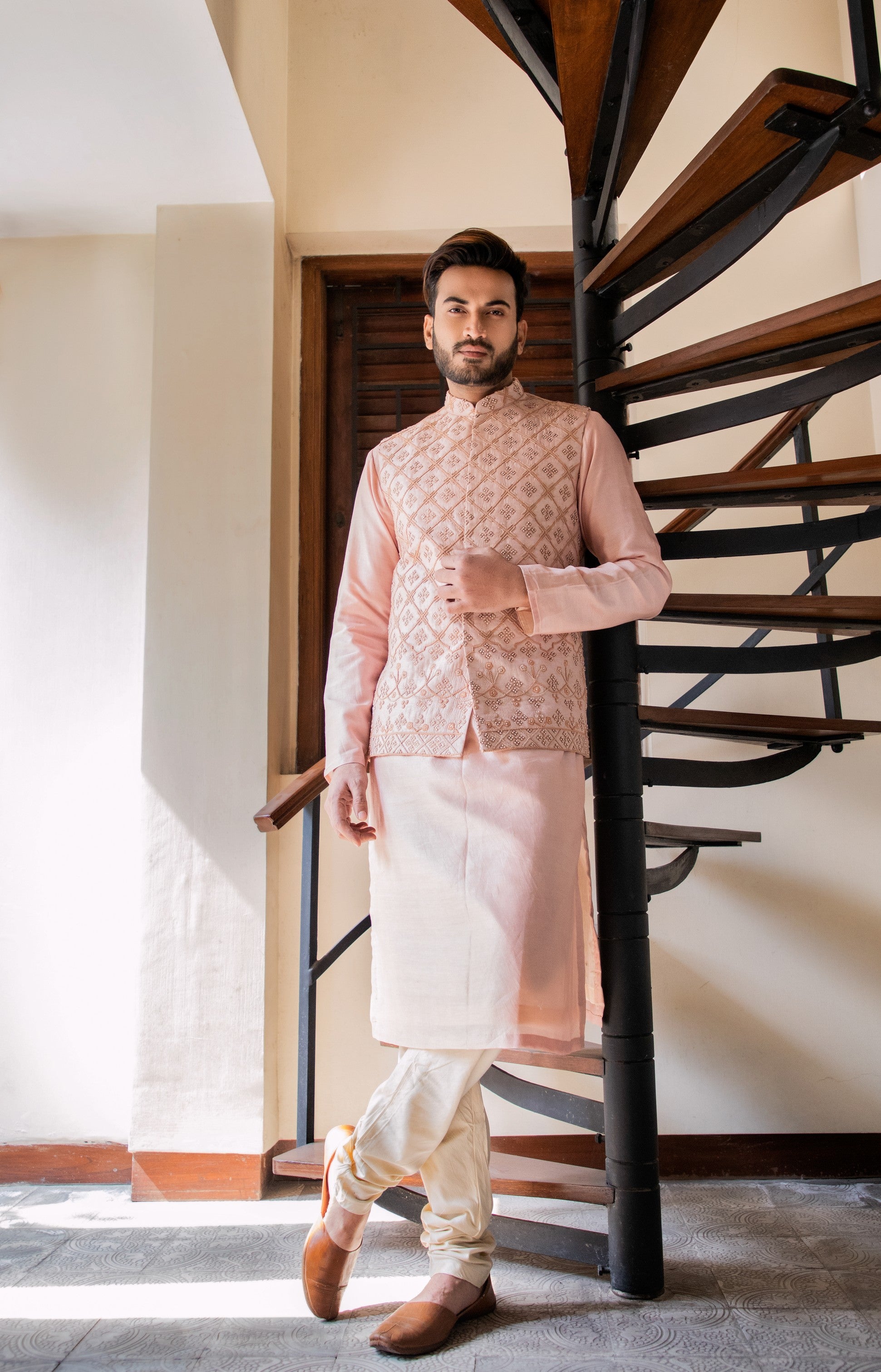 Rose Pink hand embroidered jacket with kurta set