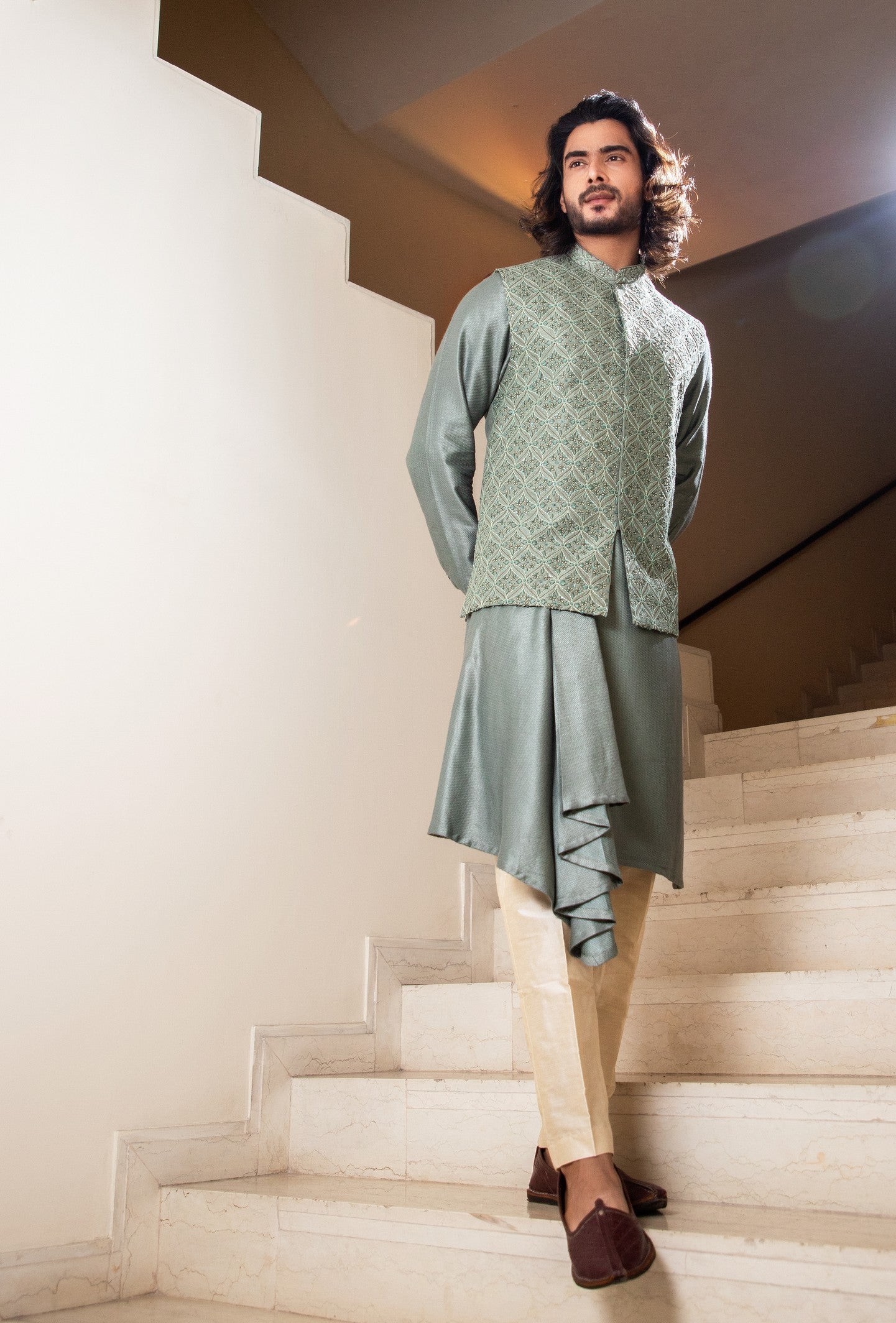 Sage green embroidered jacket with asymmetric draped kurta set
