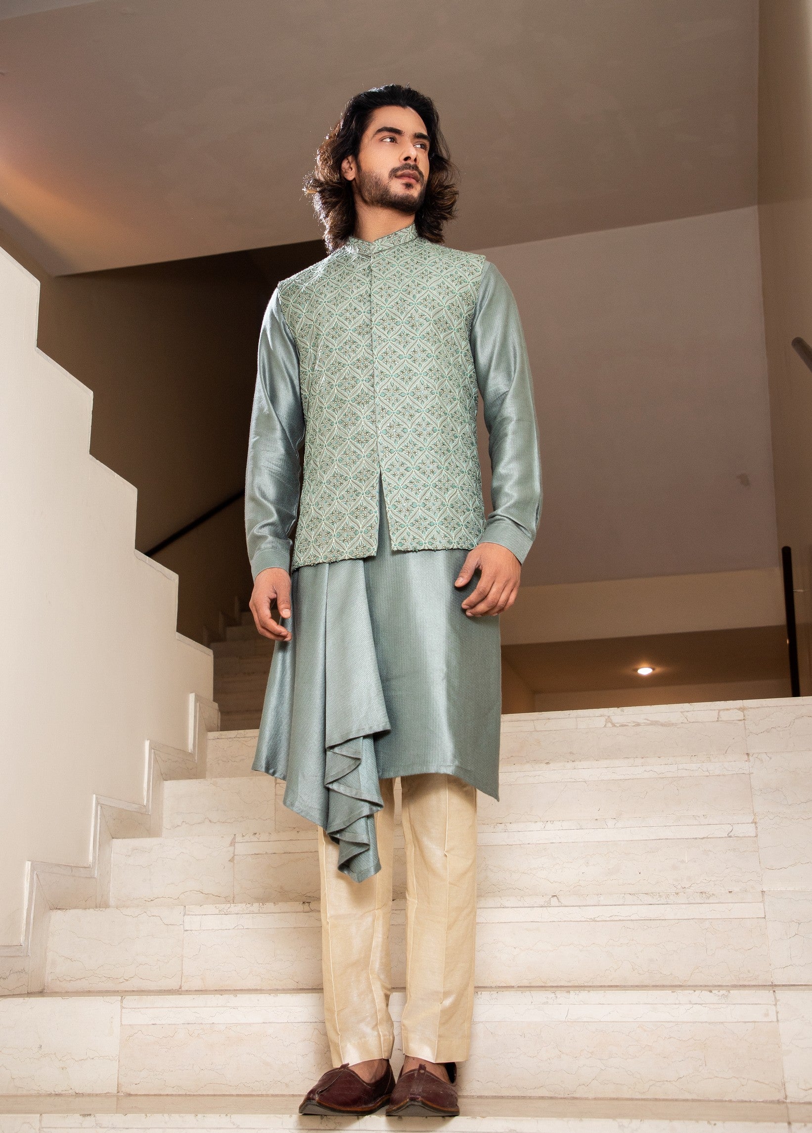 Sage green embroidered jacket with asymmetric draped kurta set