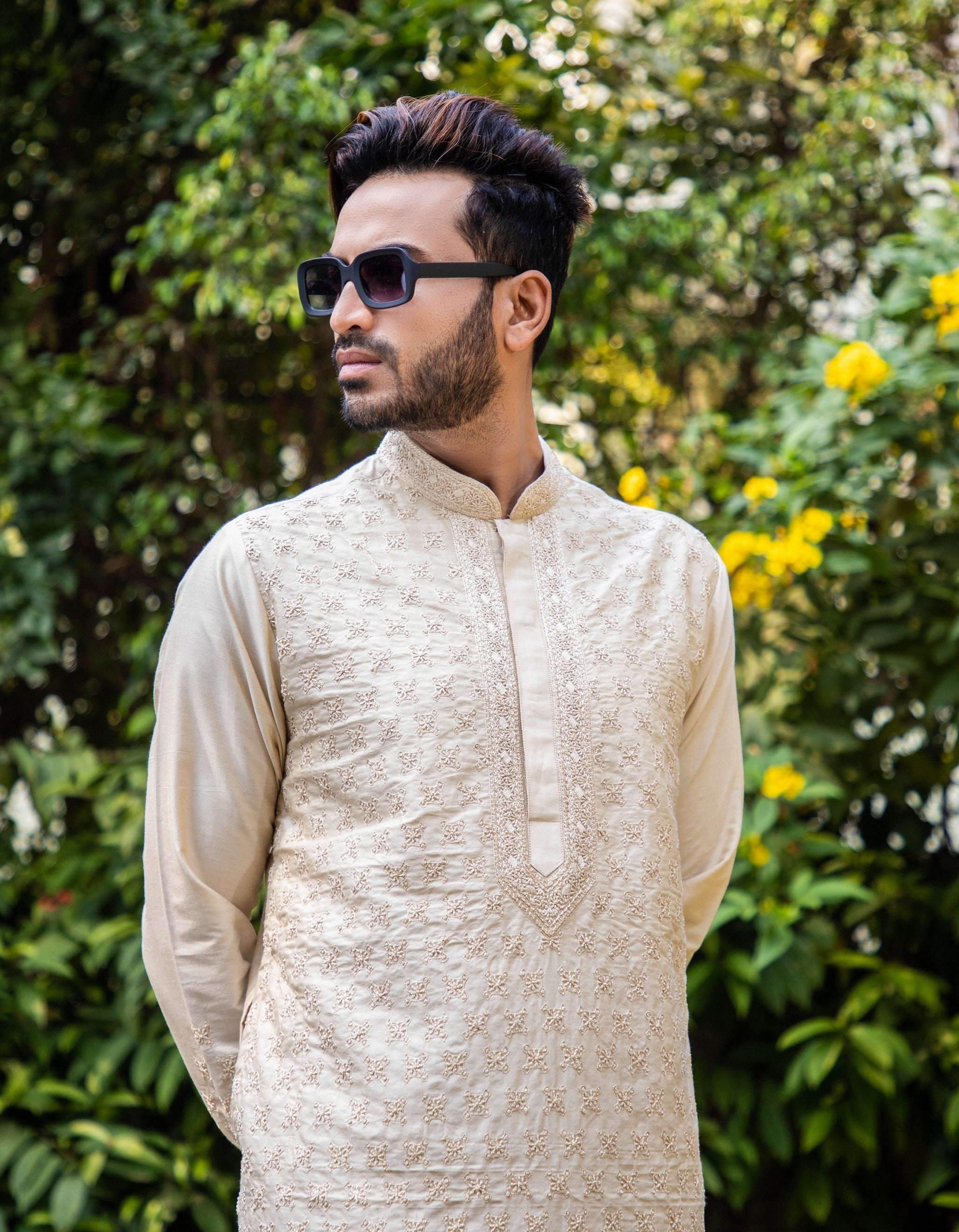 Beige Hand embroidered Kurta set
