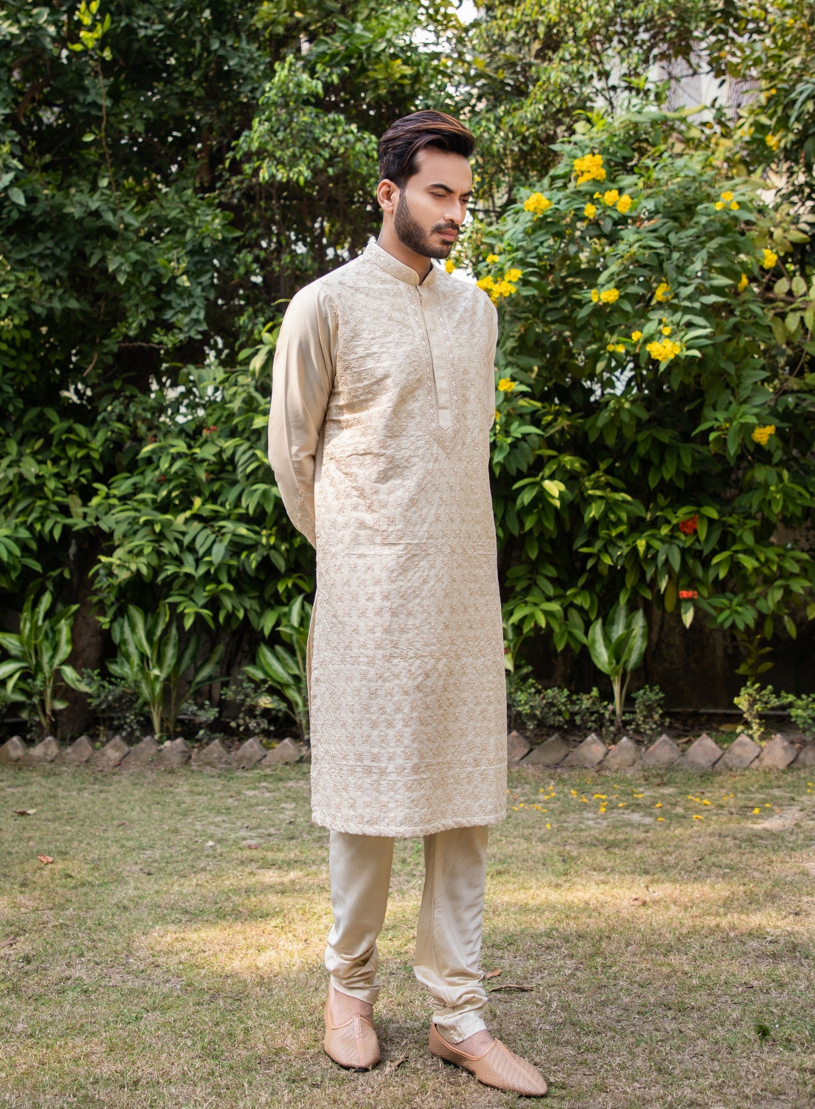 Beige Hand embroidered Kurta set