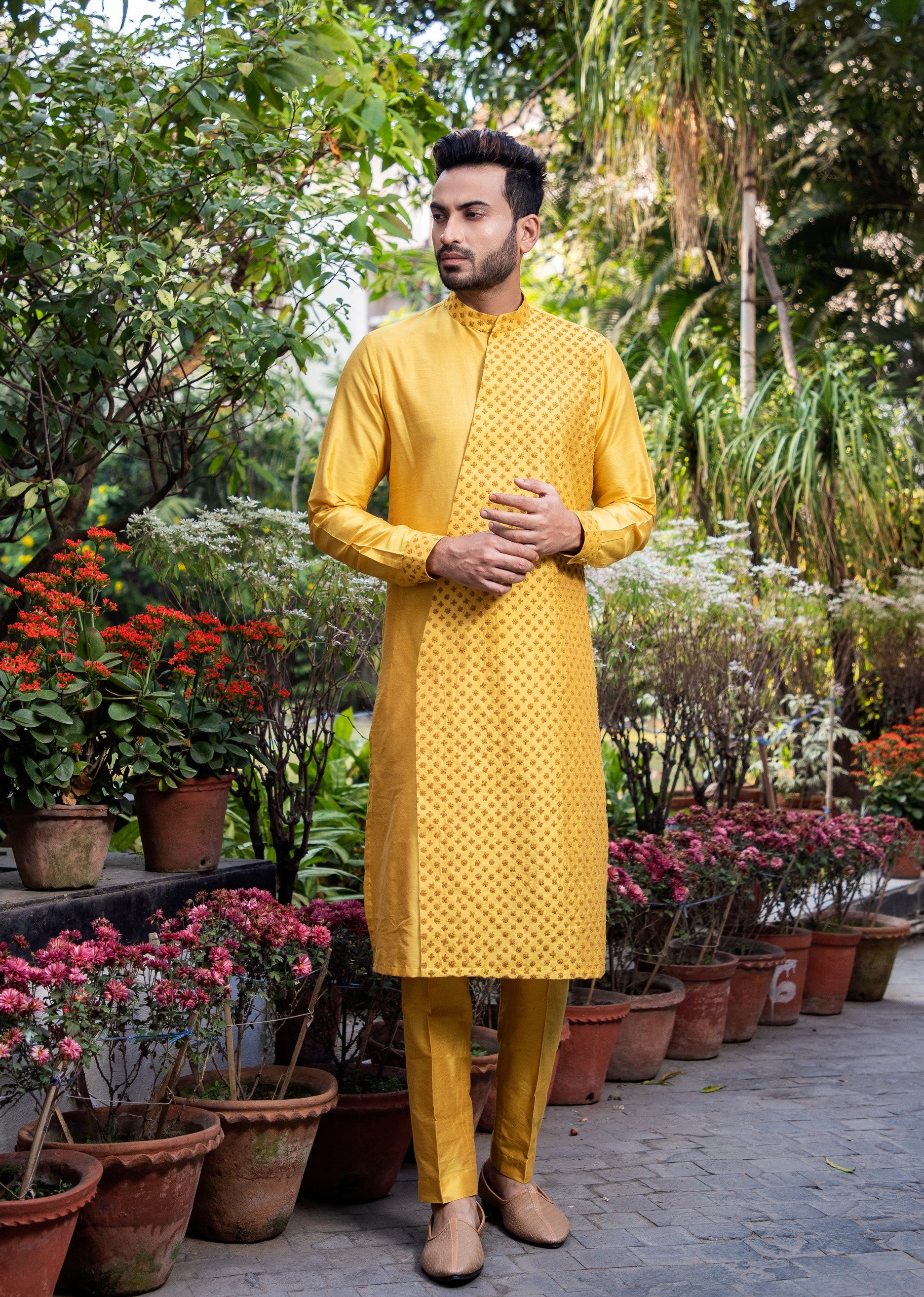 Mustard embroidered diagonal cut kurta with pants