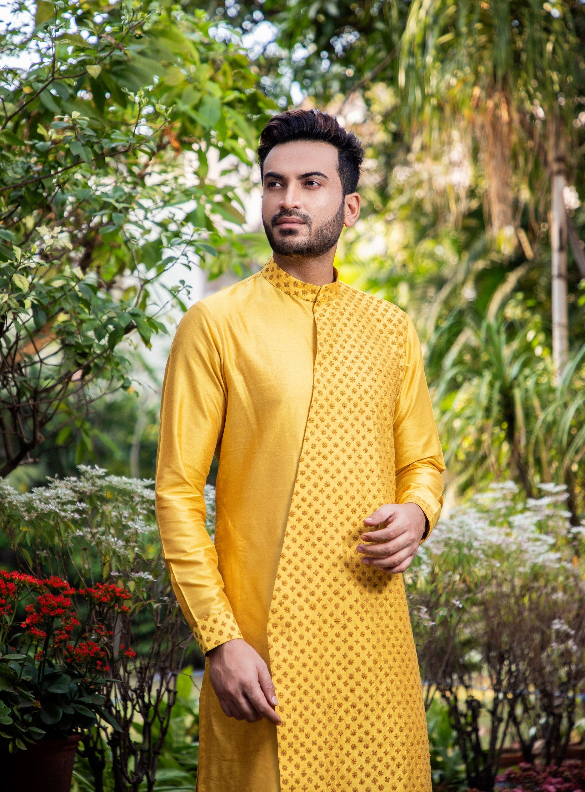 Mustard embroidered diagonal cut kurta with pants