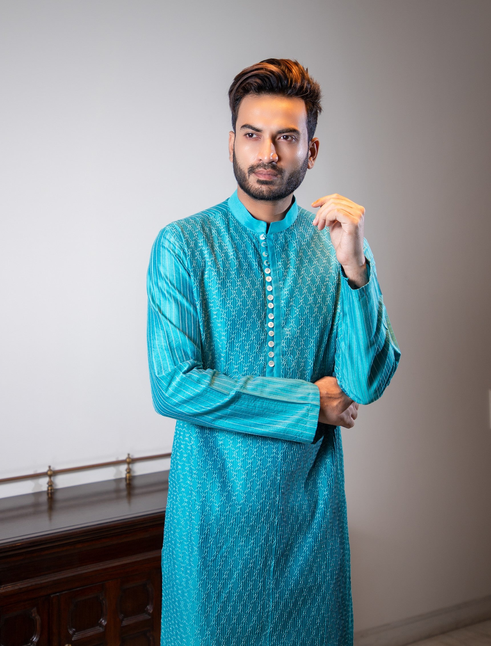 Turquoise Blue Diagonal pintuck kurta set