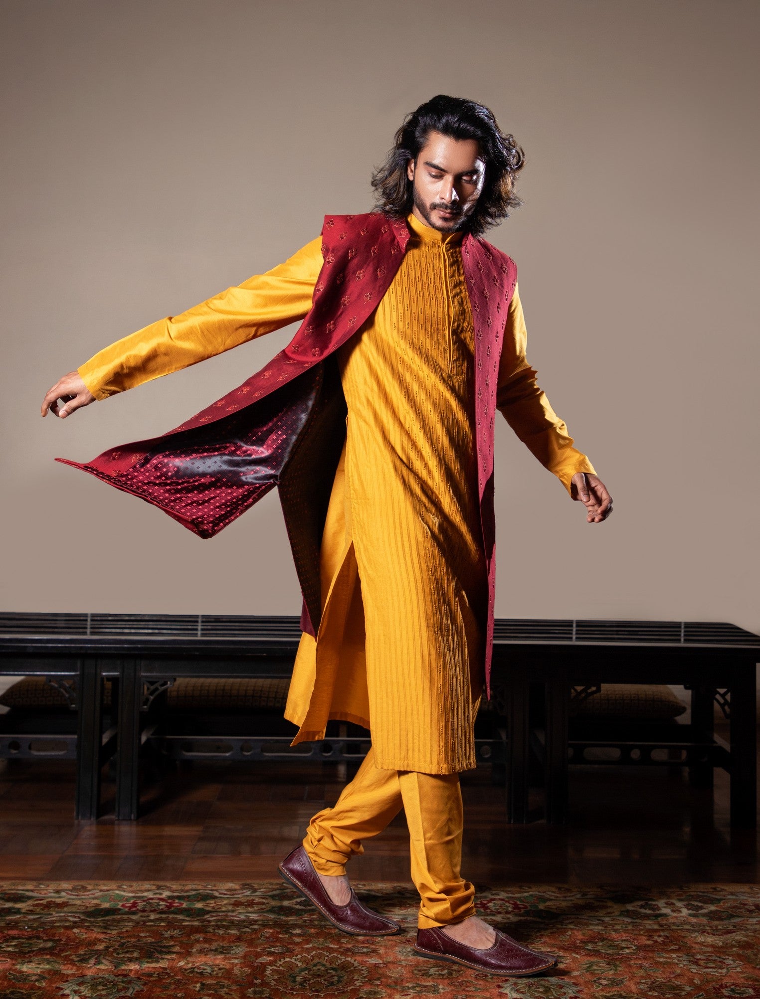 Honey yellow thin pleats kurta and churidar with Maroon embroidered jacket