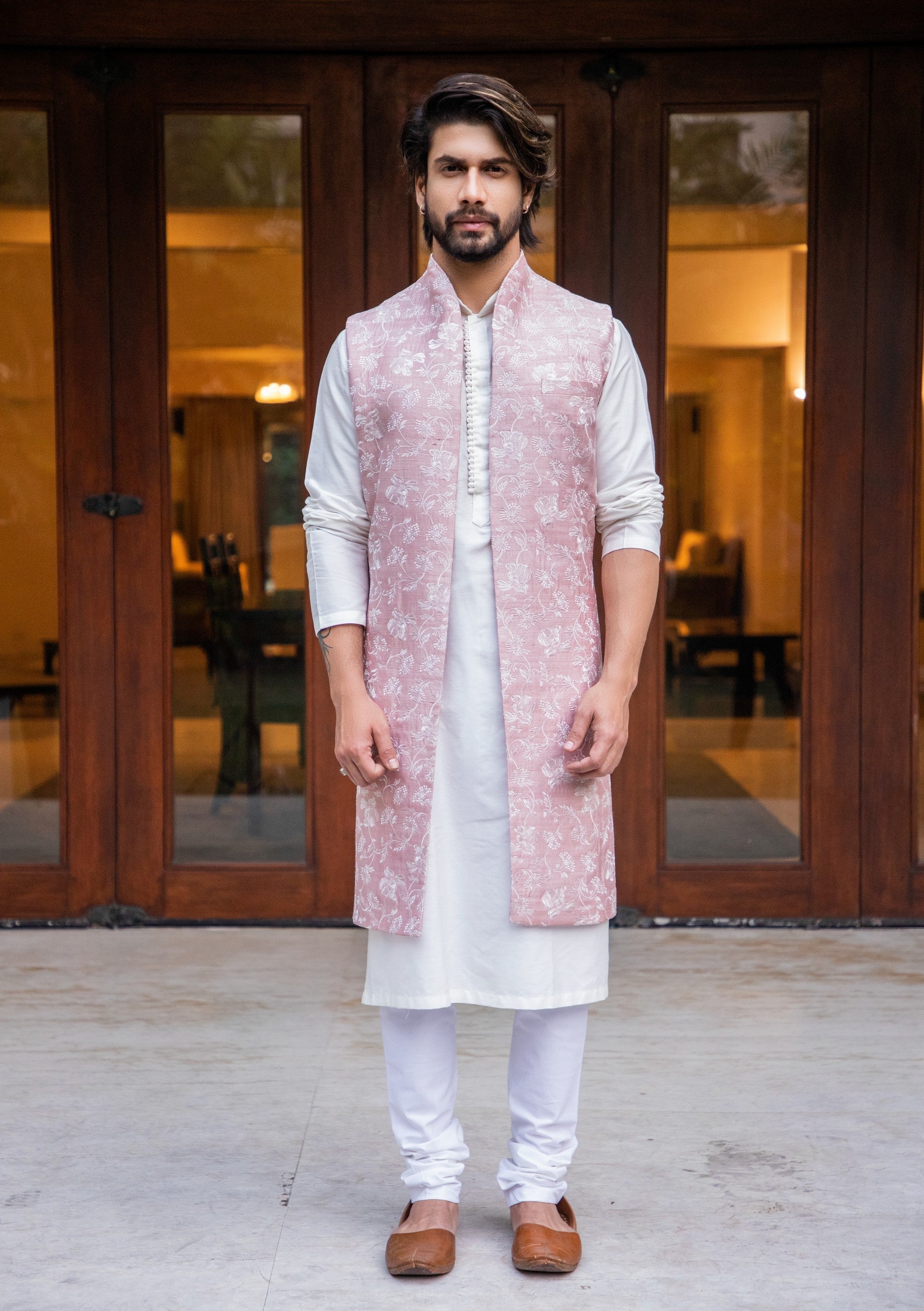 Onion pink long embroidered jacket with offwhite kurta set