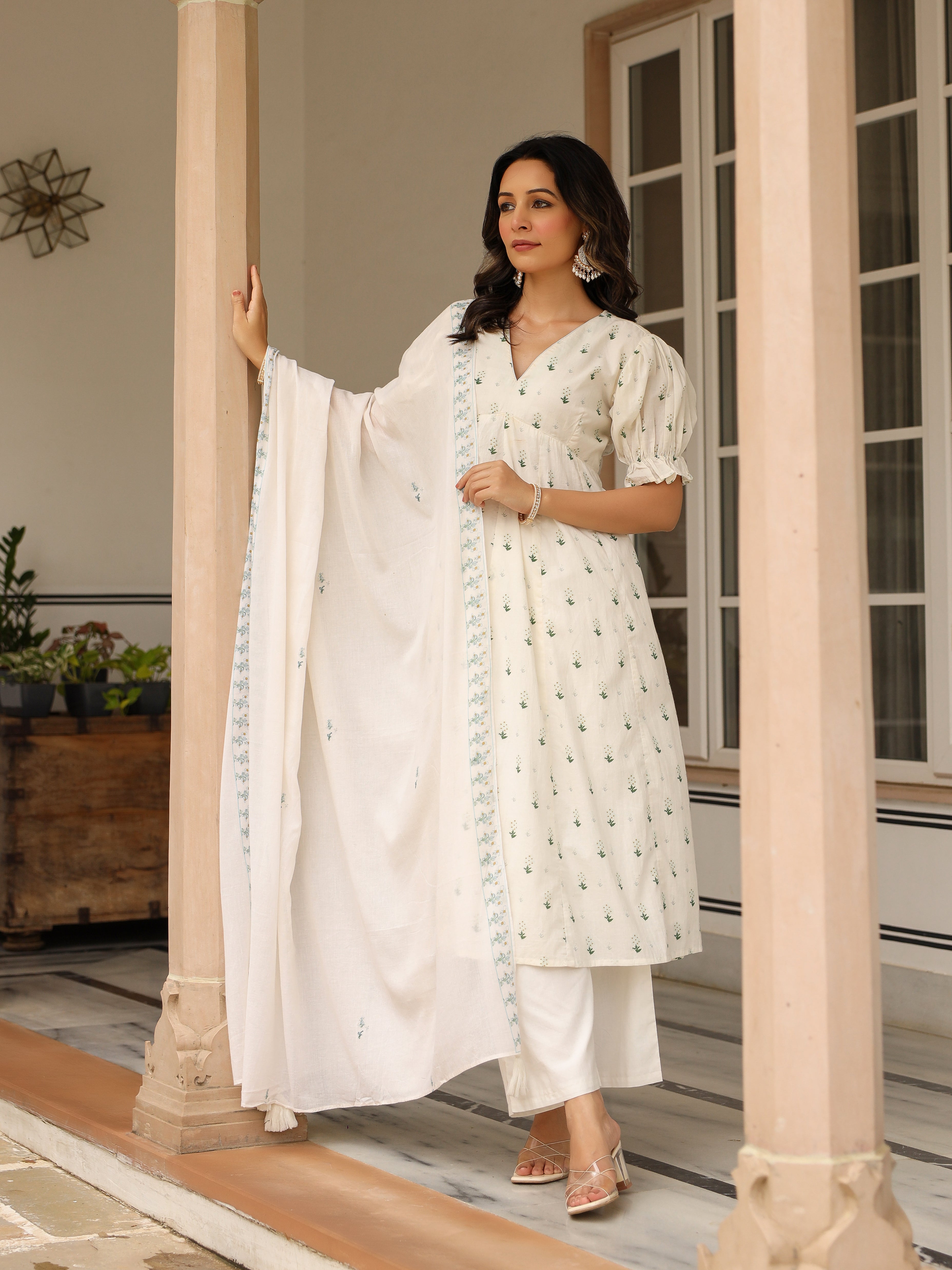 Handpainted cotton suit set with plazzo and dupatta