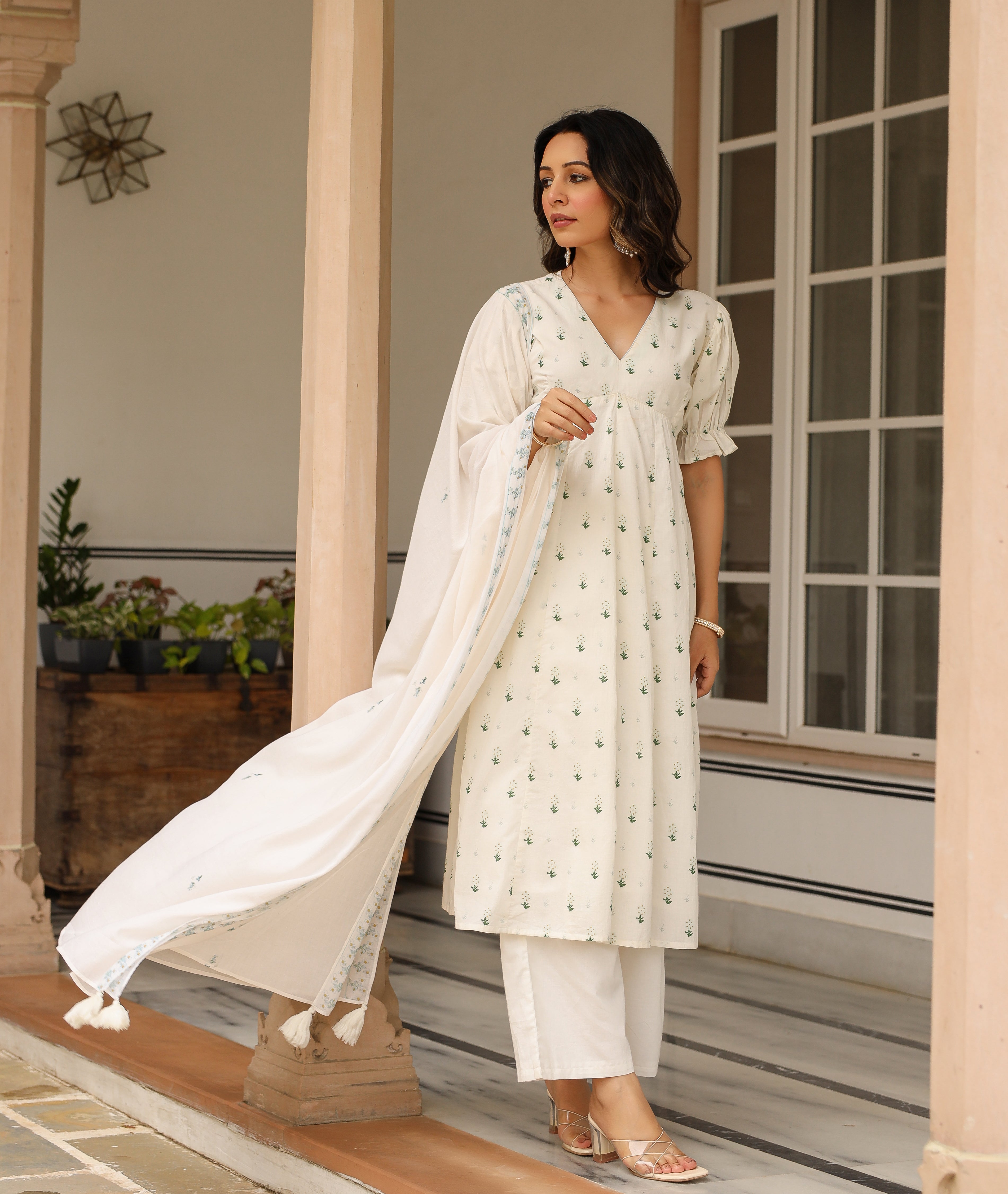 Handpainted cotton suit set with plazzo and dupatta