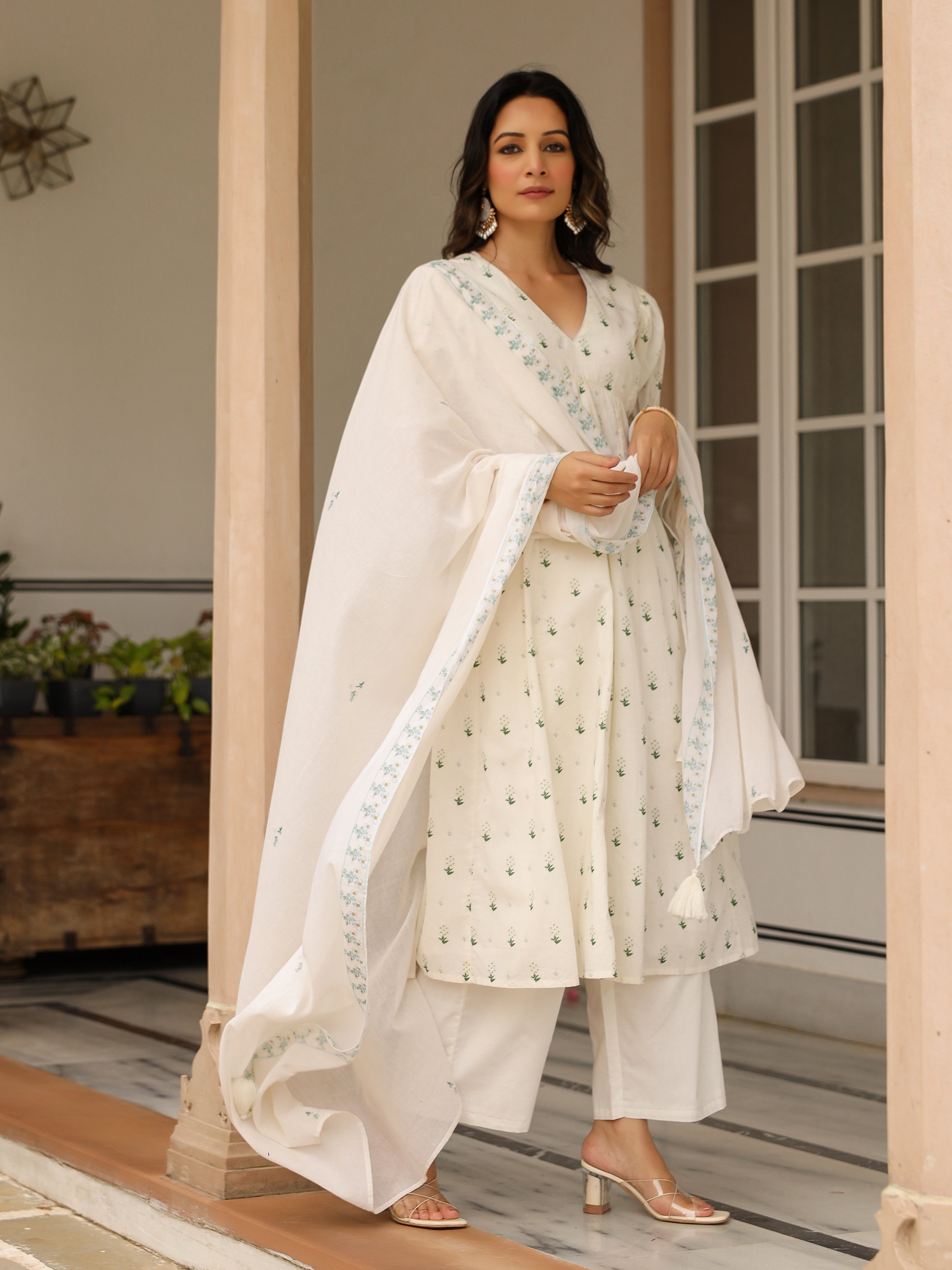 Handpainted cotton suit set with plazzo and dupatta