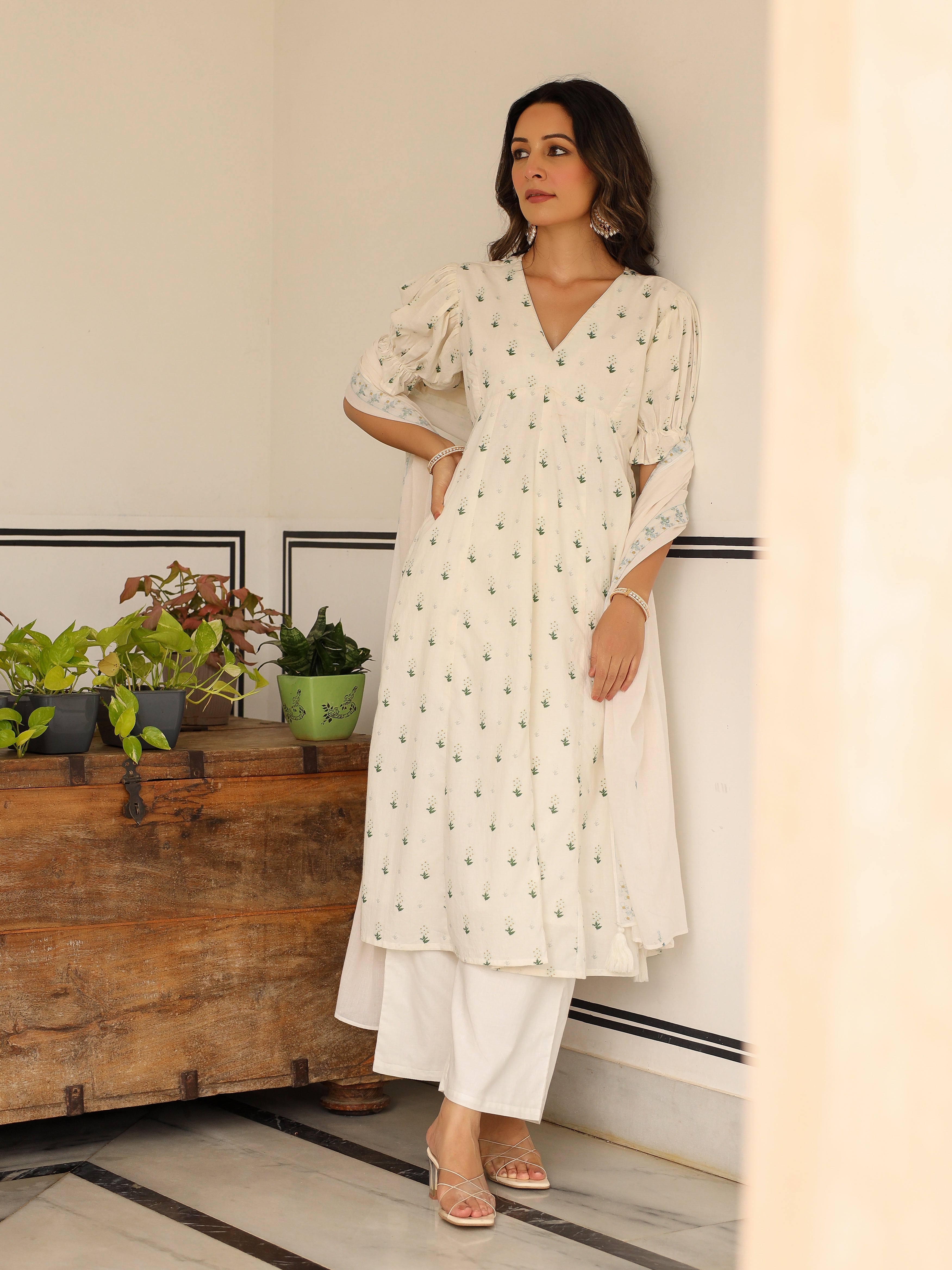 Handpainted cotton suit set with plazzo and dupatta