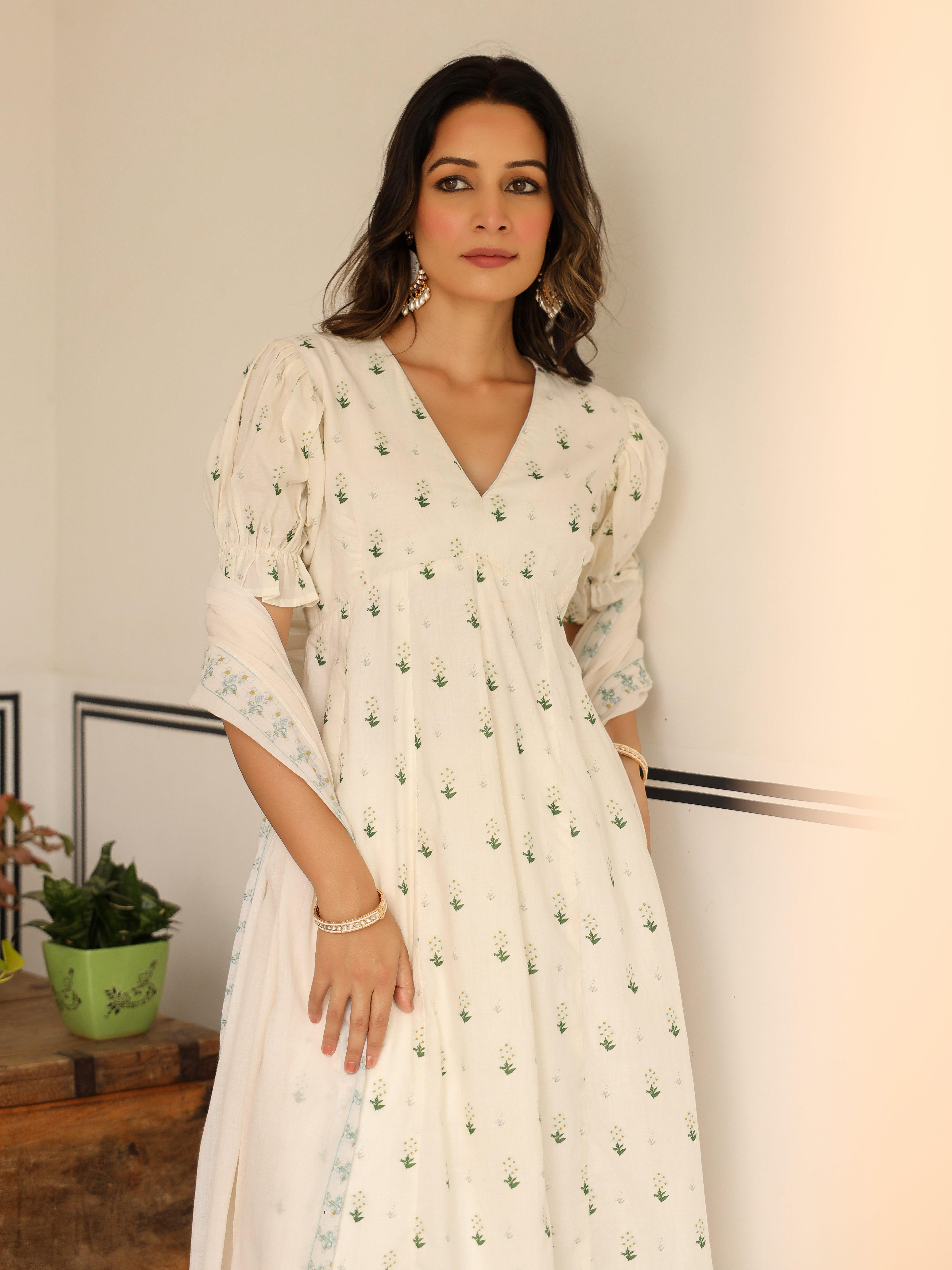 Handpainted cotton suit set with plazzo and dupatta