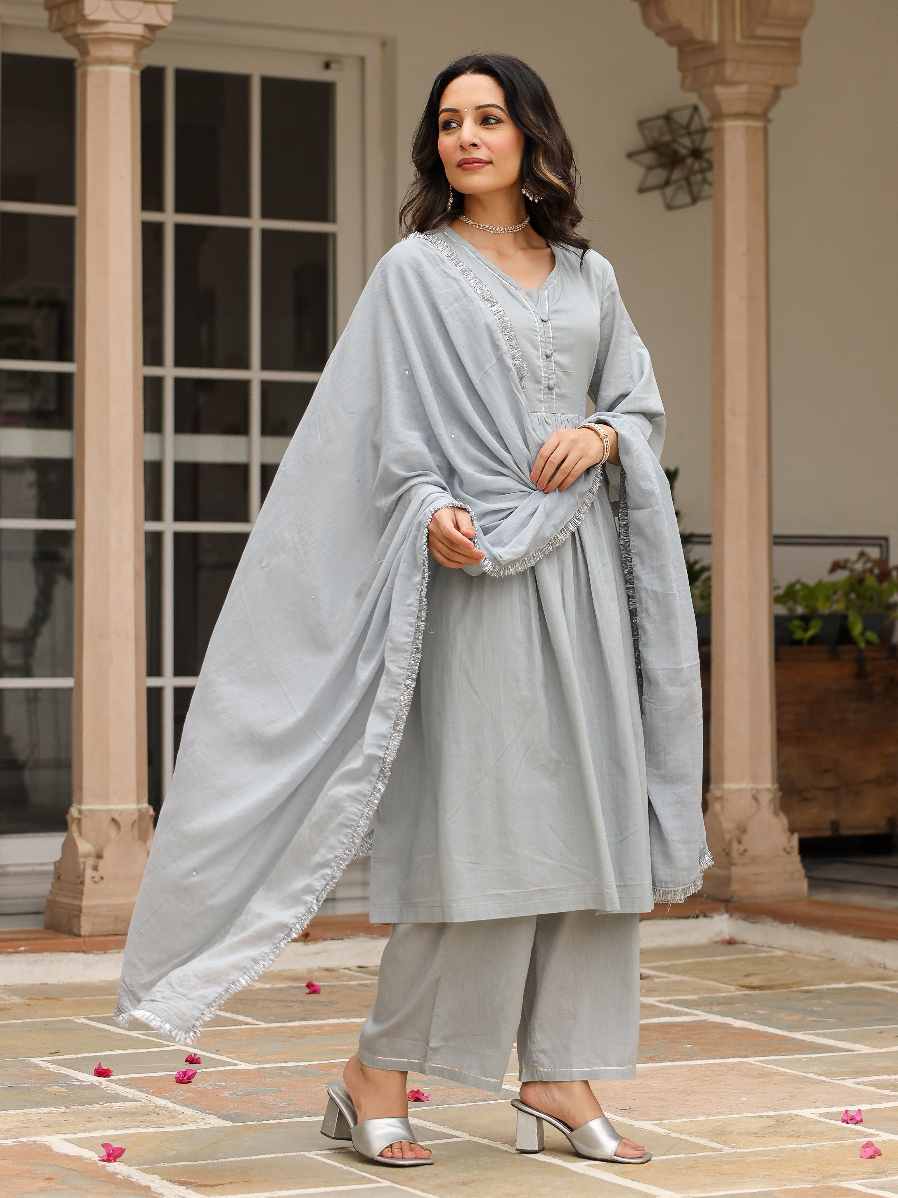 Grey mulmul cotton anarkali kurta set with trousers and dupatta