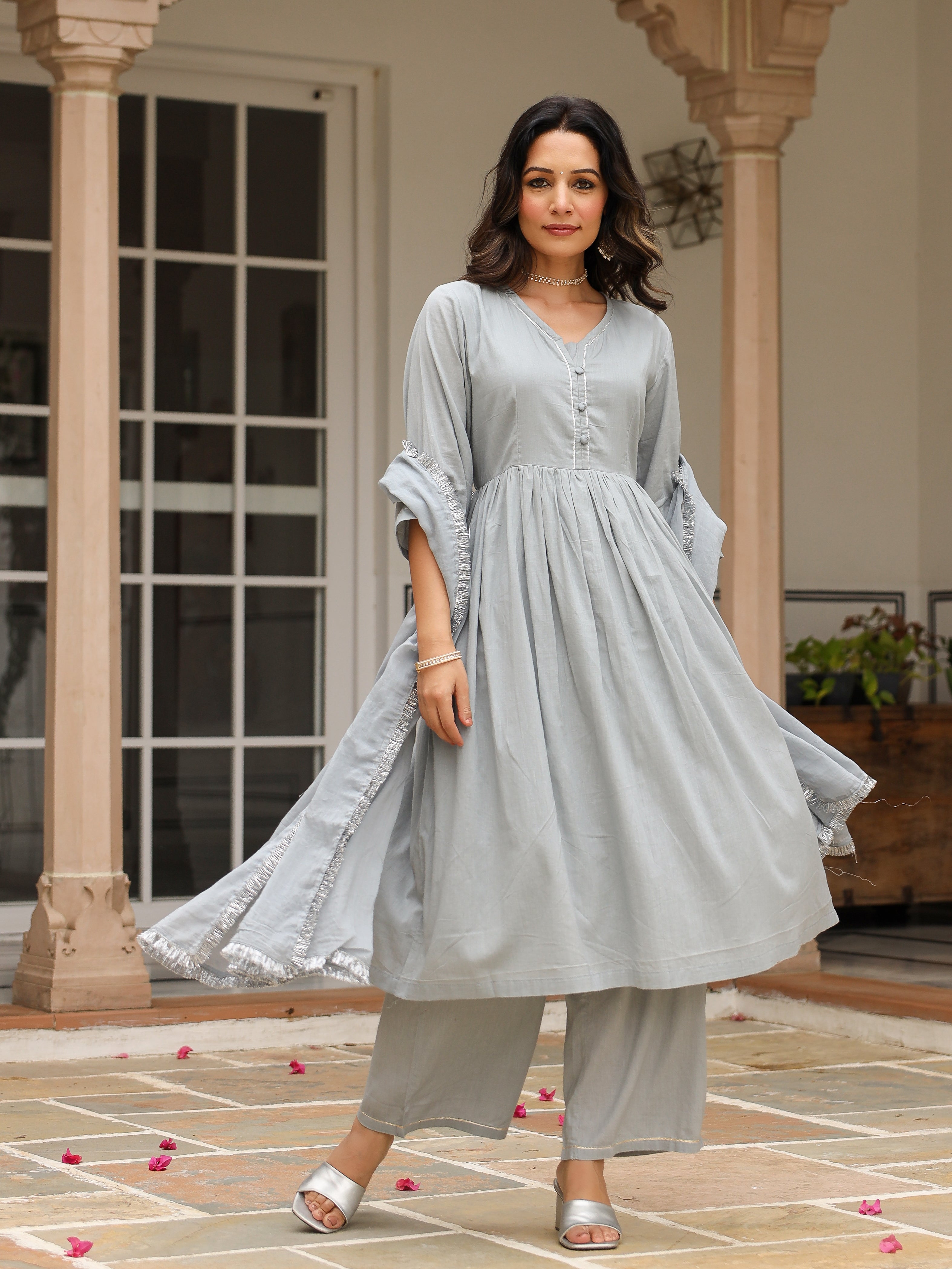 Grey mulmul cotton anarkali kurta set with trousers and dupatta