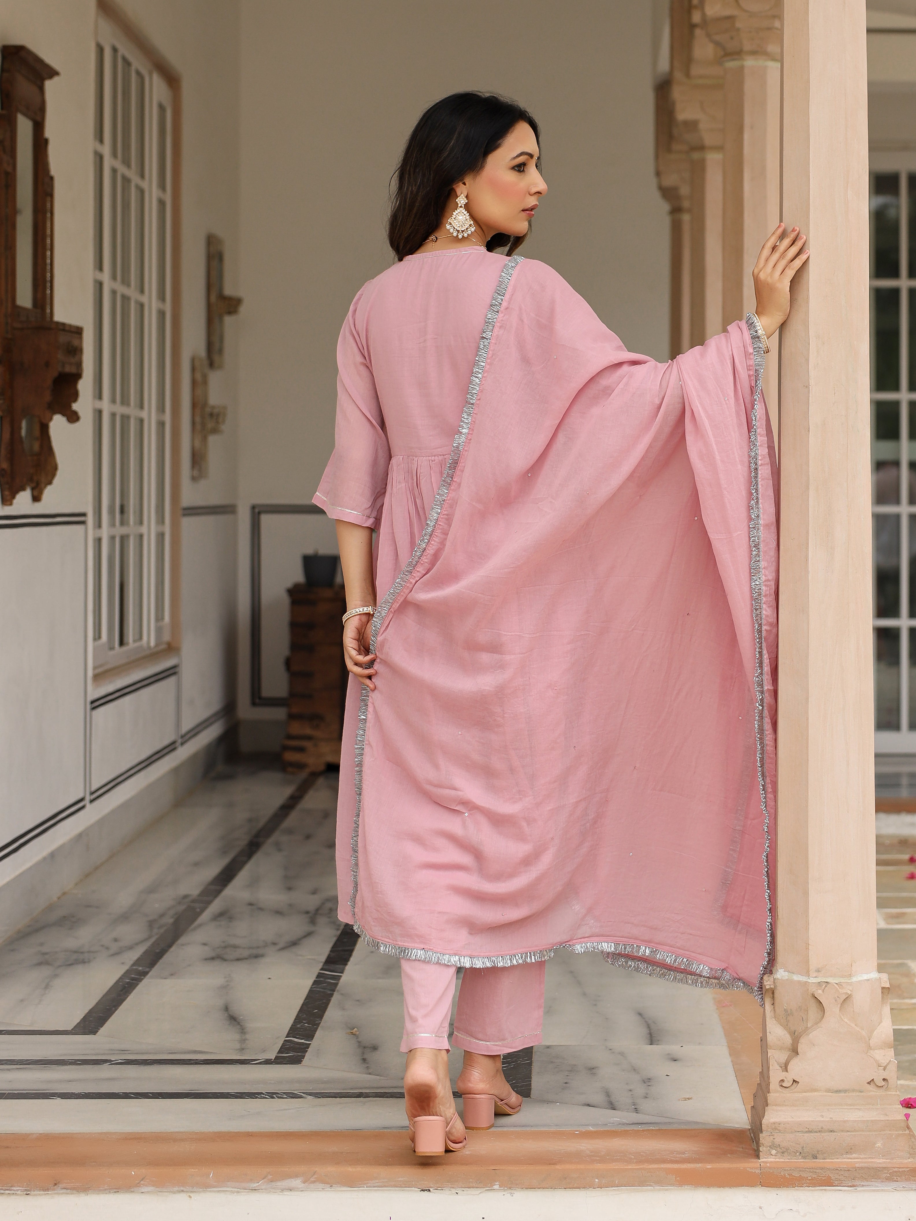Baby pink mulmul cotton anarkali kurta set with trousers and dupatta