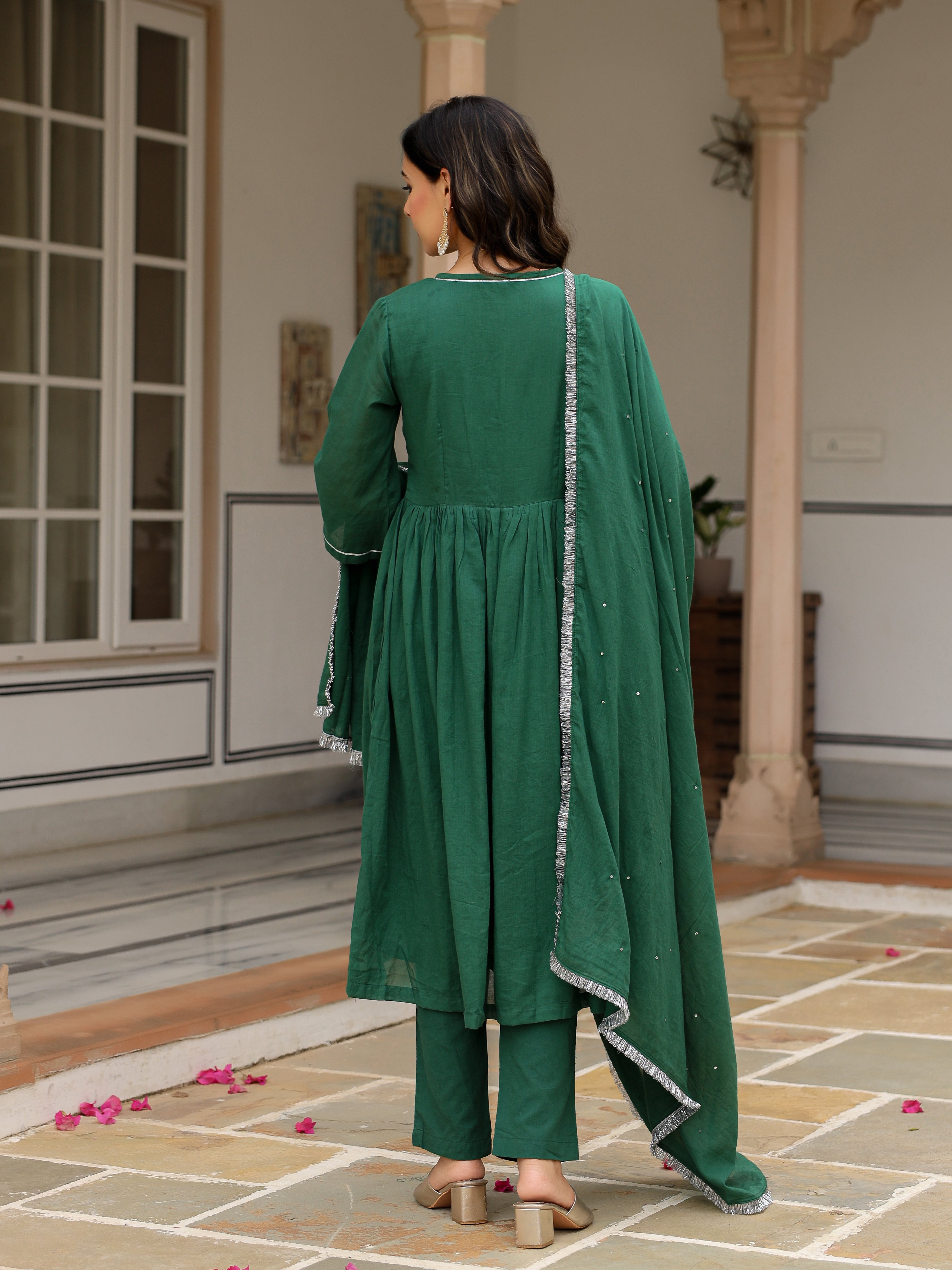 Bottle green mulmul cotton anarkali kurta set with trousers and dupatta