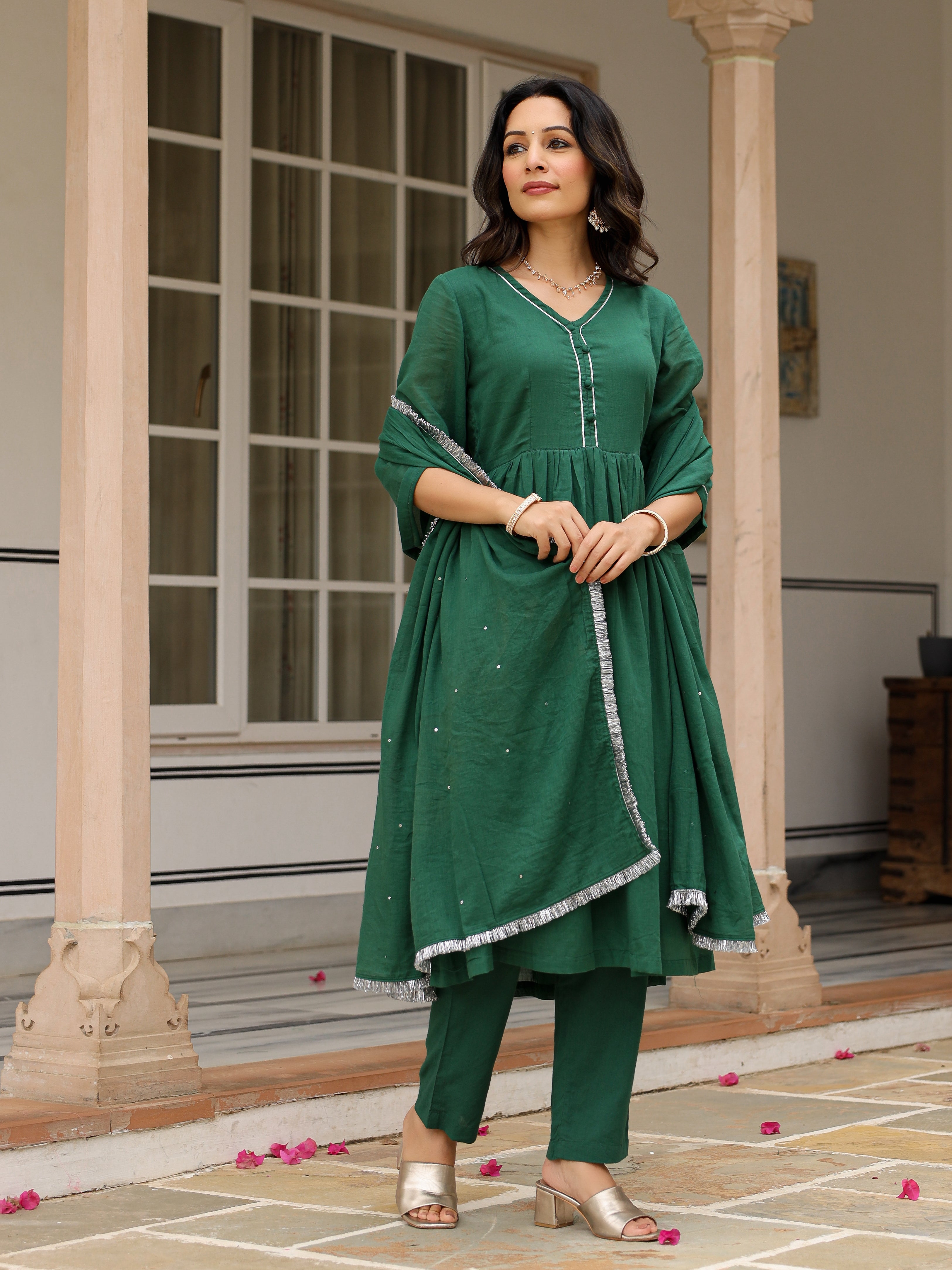 Bottle green mulmul cotton anarkali kurta set with trousers and dupatta