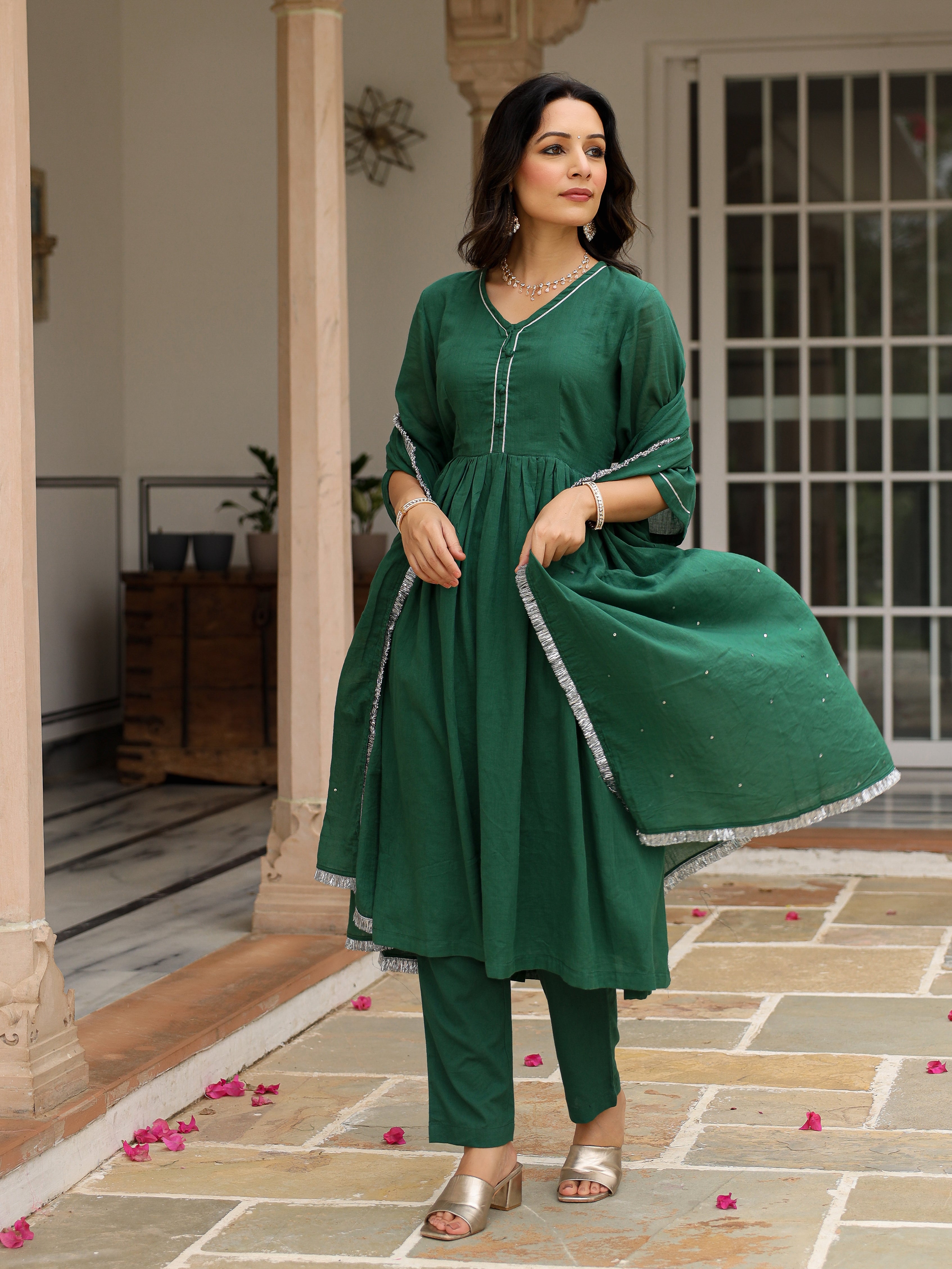 Bottle green mulmul cotton anarkali kurta set with trousers and dupatta