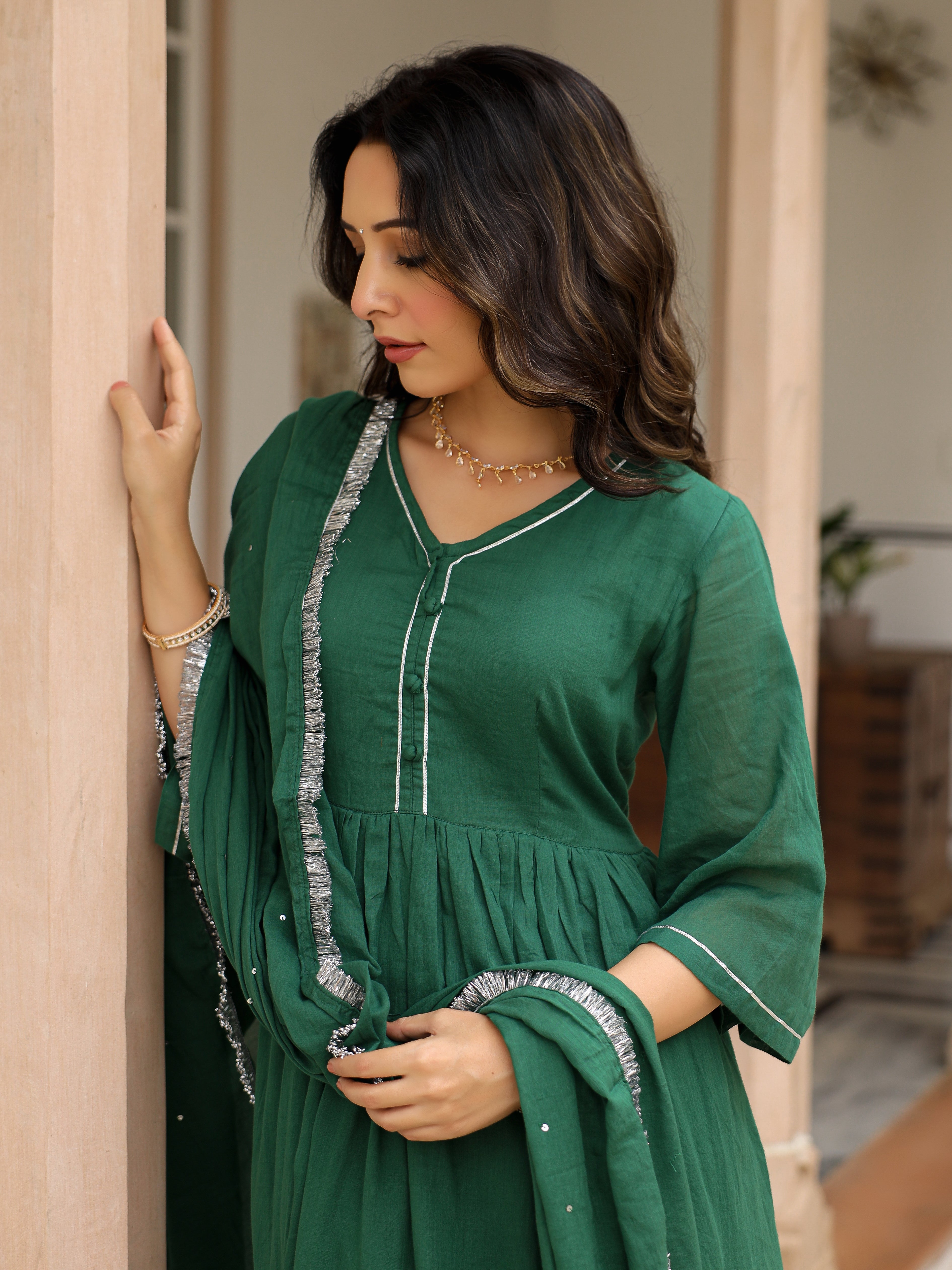 Bottle green mulmul cotton anarkali kurta set with trousers and dupatta