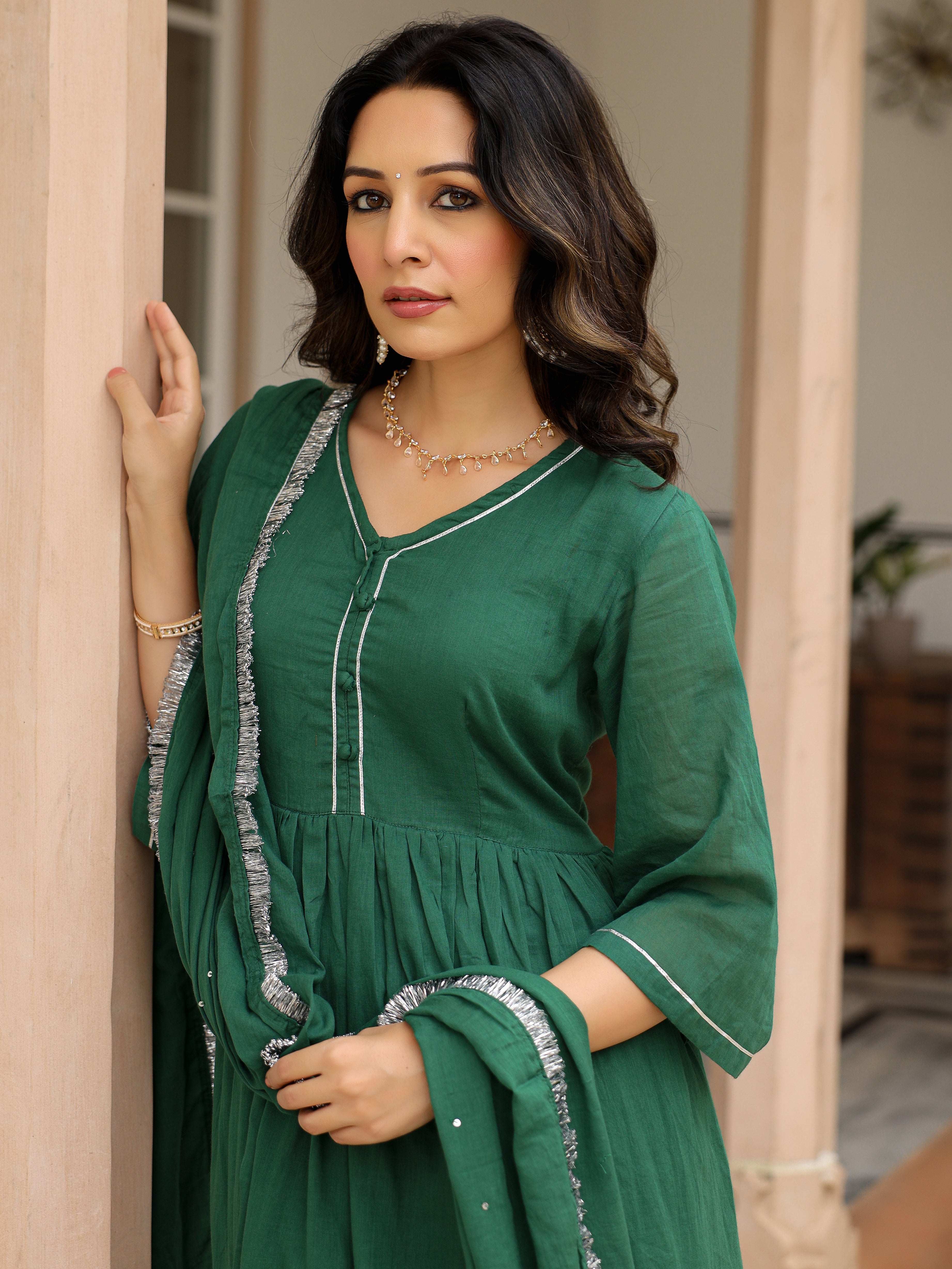 Bottle green mulmul cotton anarkali kurta set with trousers and dupatta