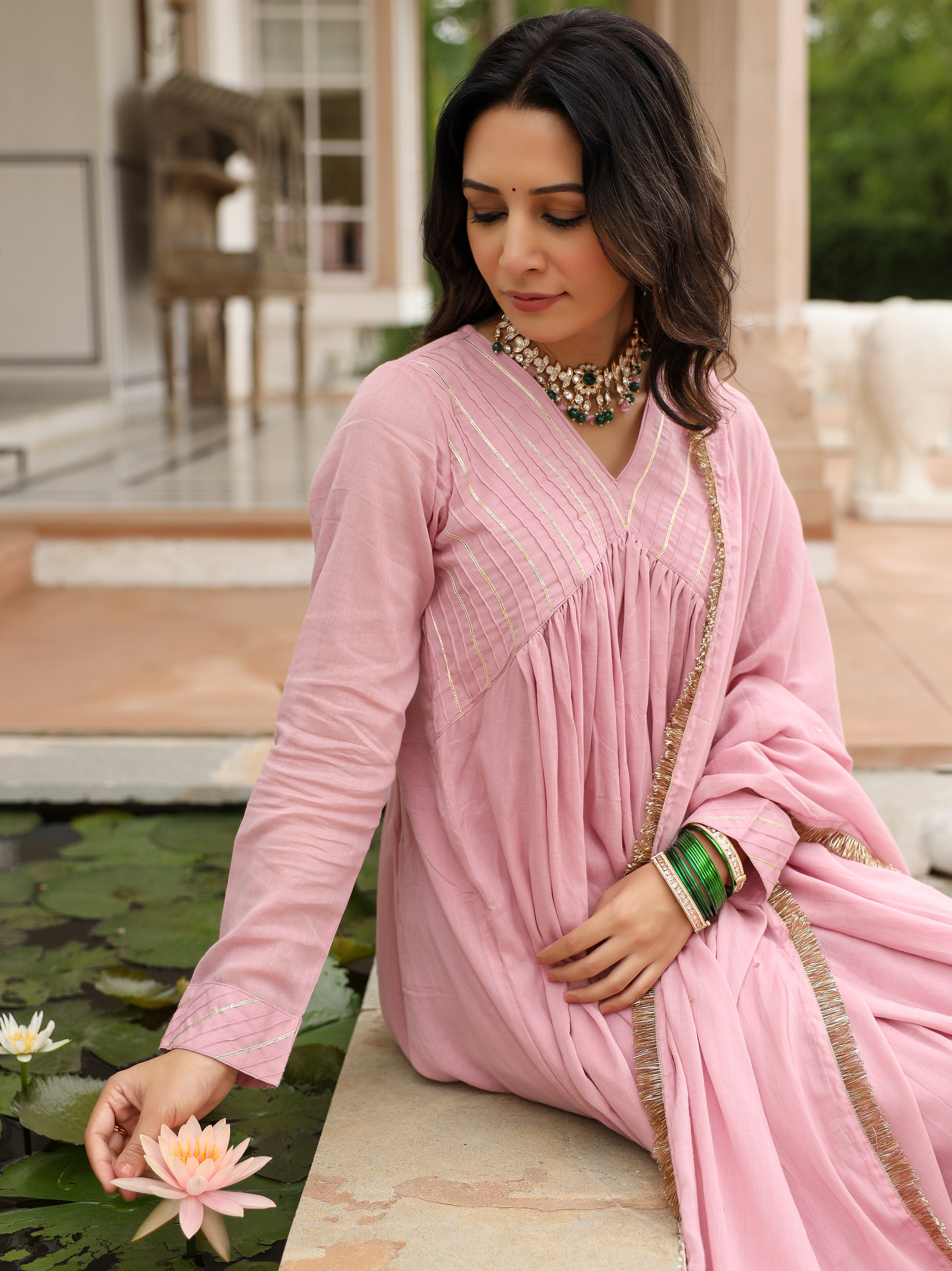 Baby pink mulmul cotton anarkali kurta set with trousers and dupatta