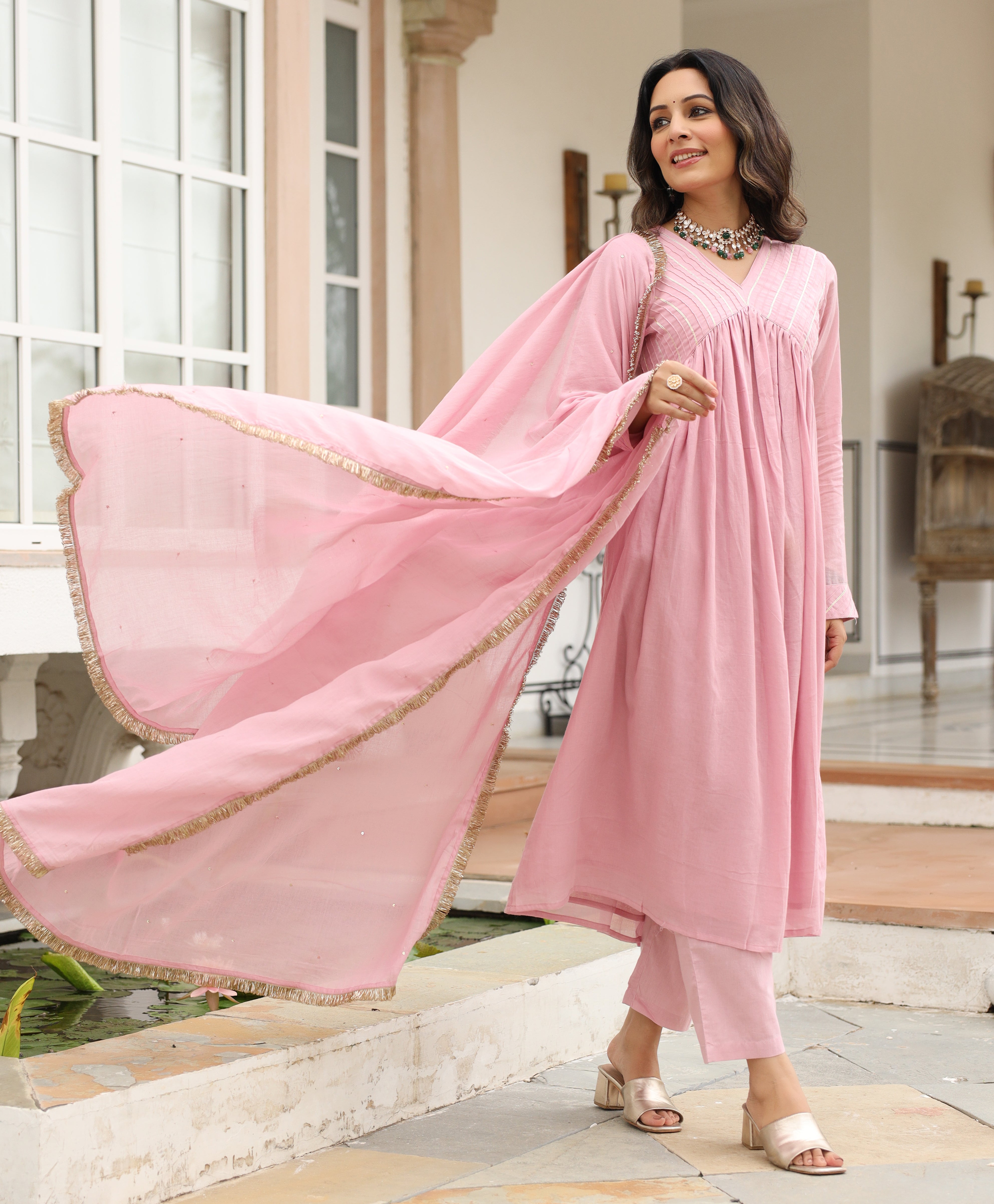 Baby pink mulmul cotton anarkali kurta set with trousers and dupatta