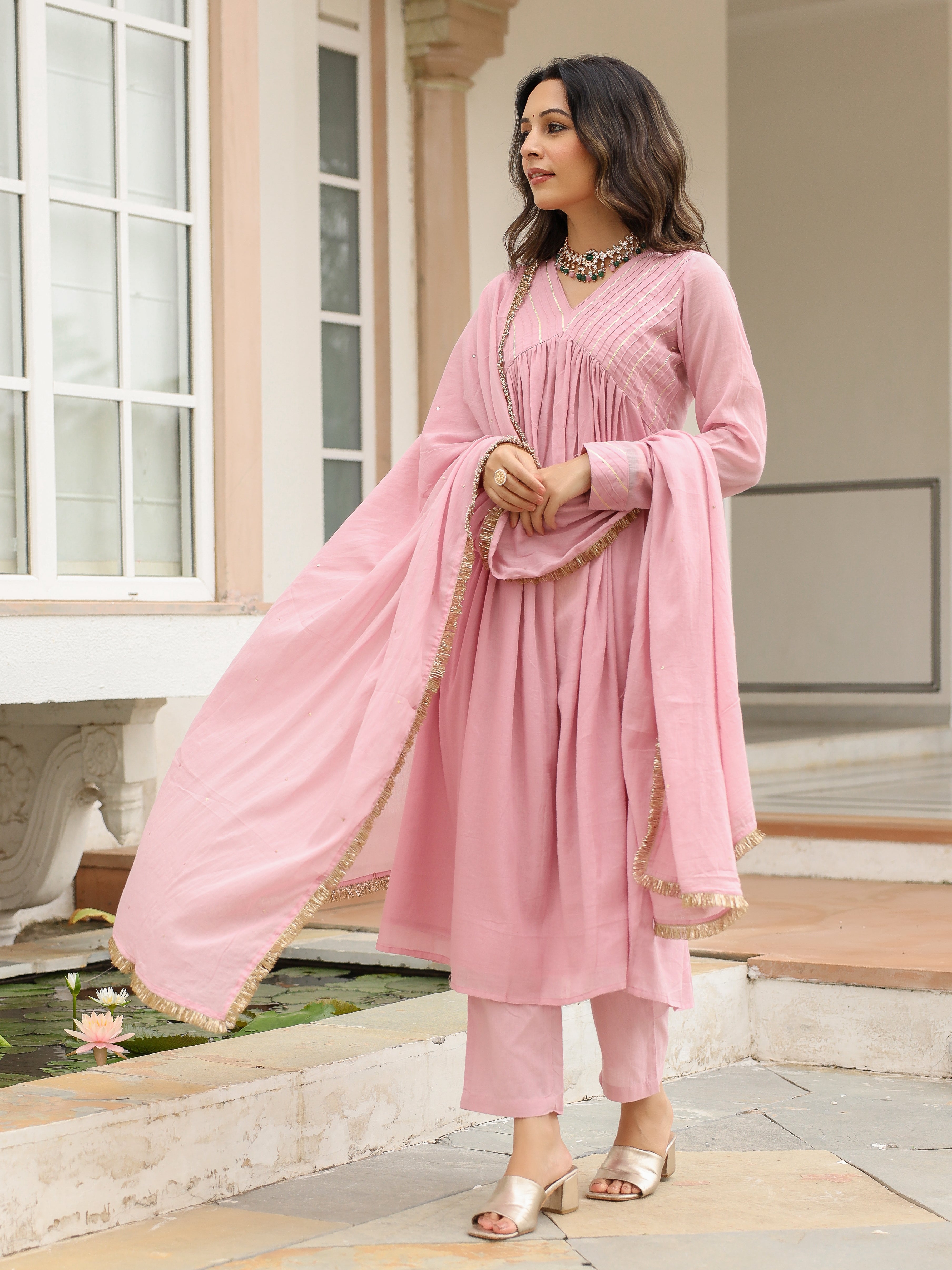 Baby pink mulmul cotton anarkali kurta set with trousers and dupatta
