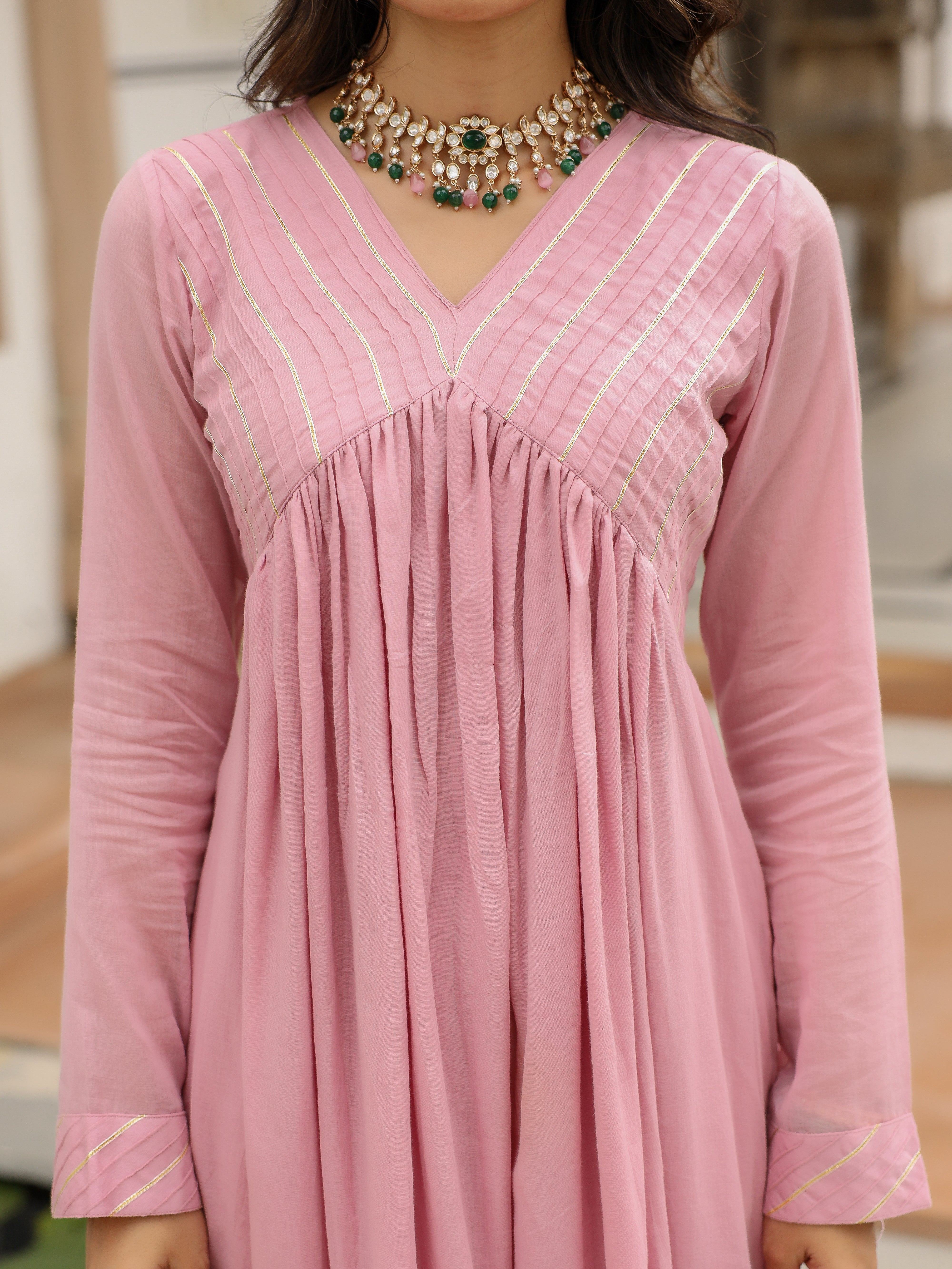 Baby pink mulmul cotton anarkali kurta set with trousers and dupatta