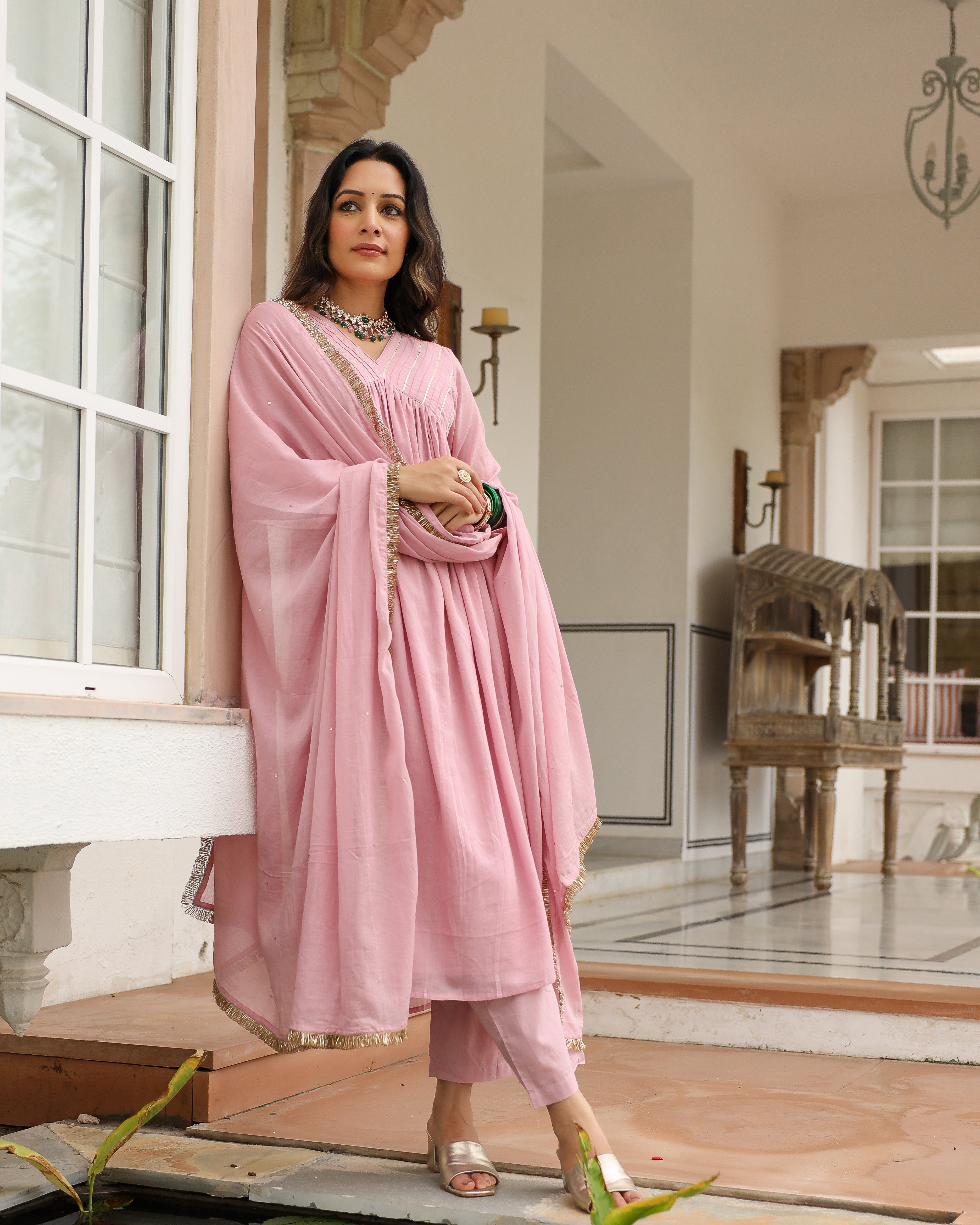 Baby pink mulmul cotton anarkali kurta set with trousers and dupatta