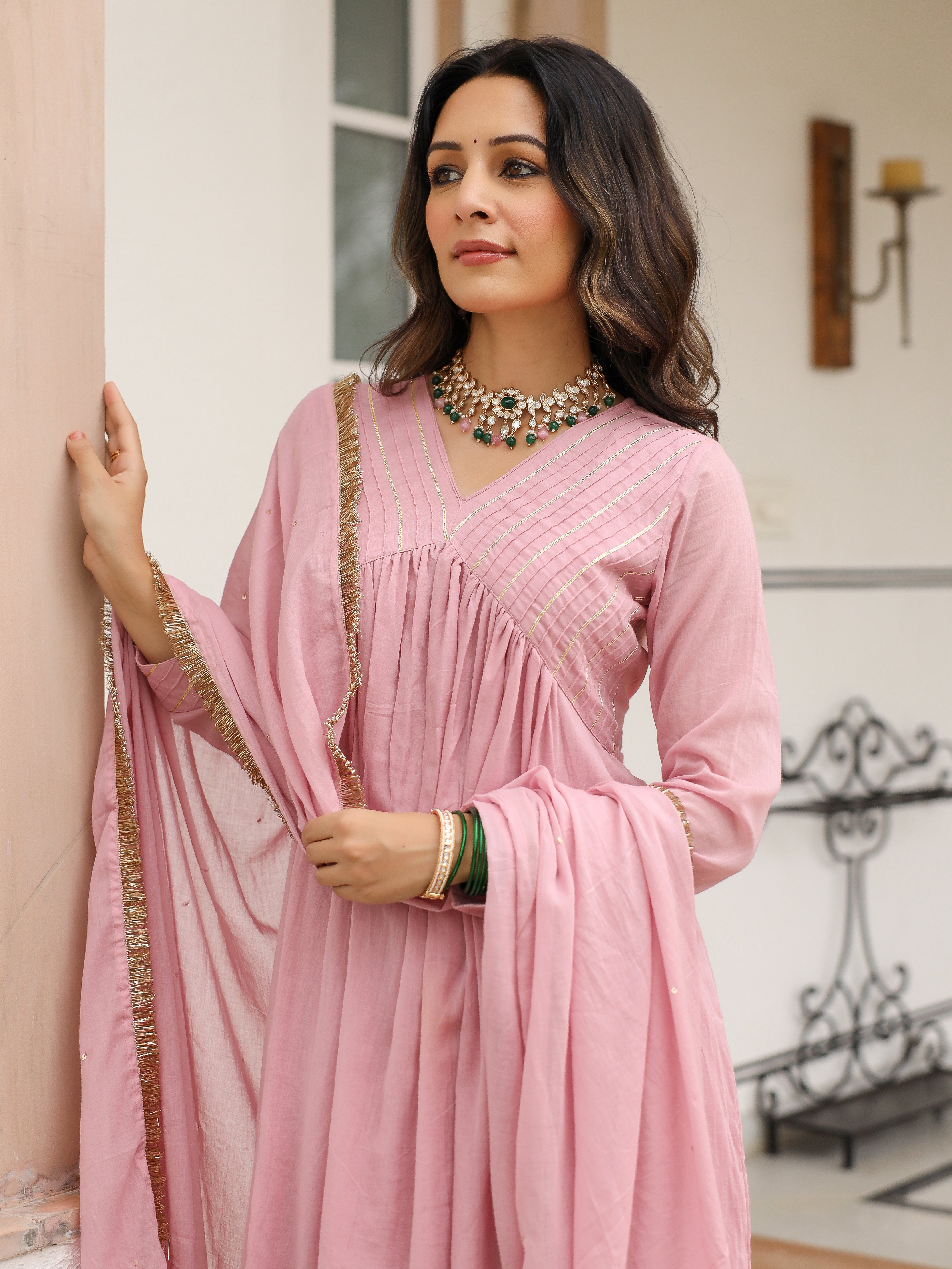 Baby pink mulmul cotton anarkali kurta set with trousers and dupatta