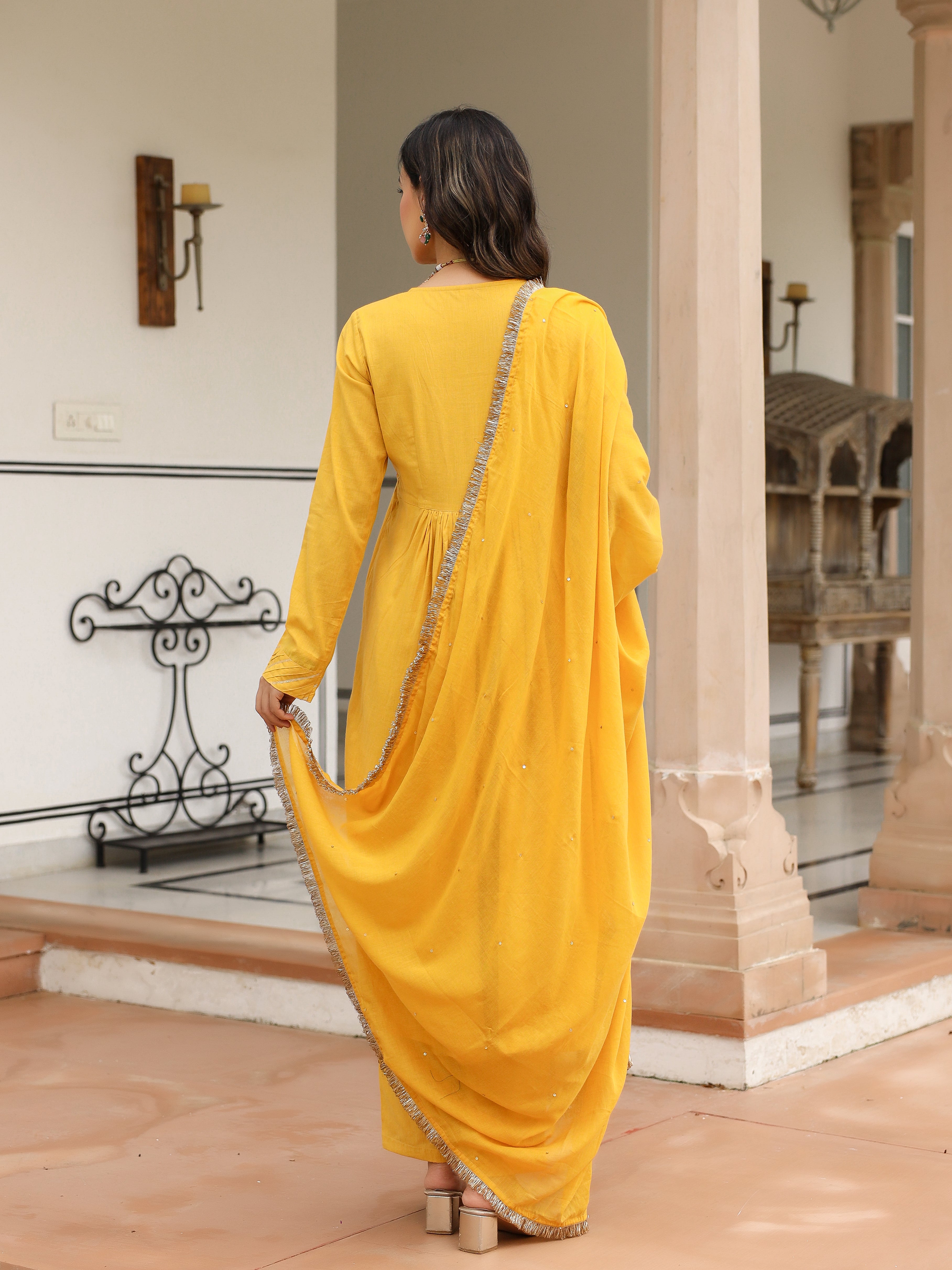 Mustard mulmul cotton anarkali kurta set with trousers and dupatta