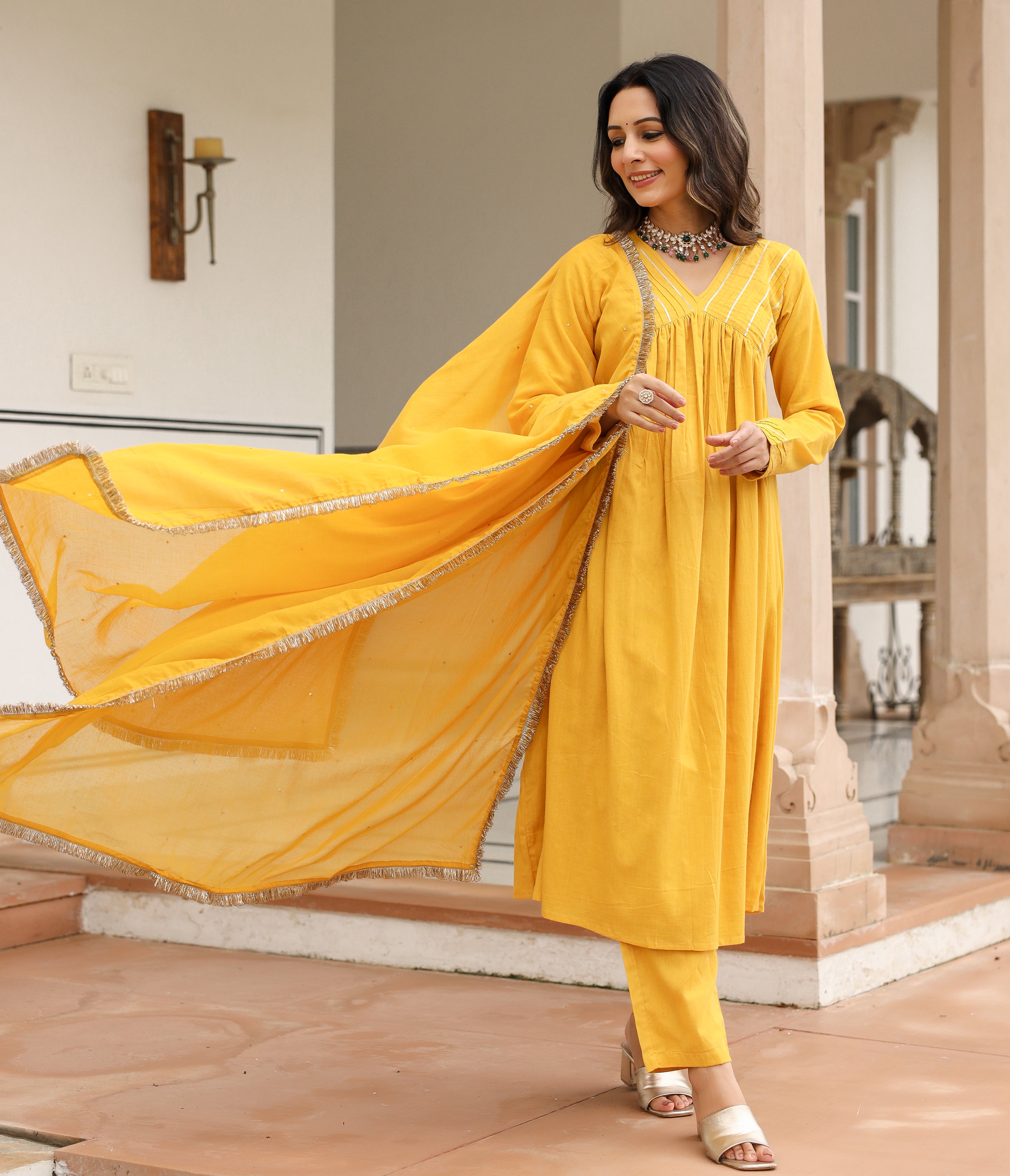 Mustard mulmul cotton anarkali kurta set with trousers and dupatta
