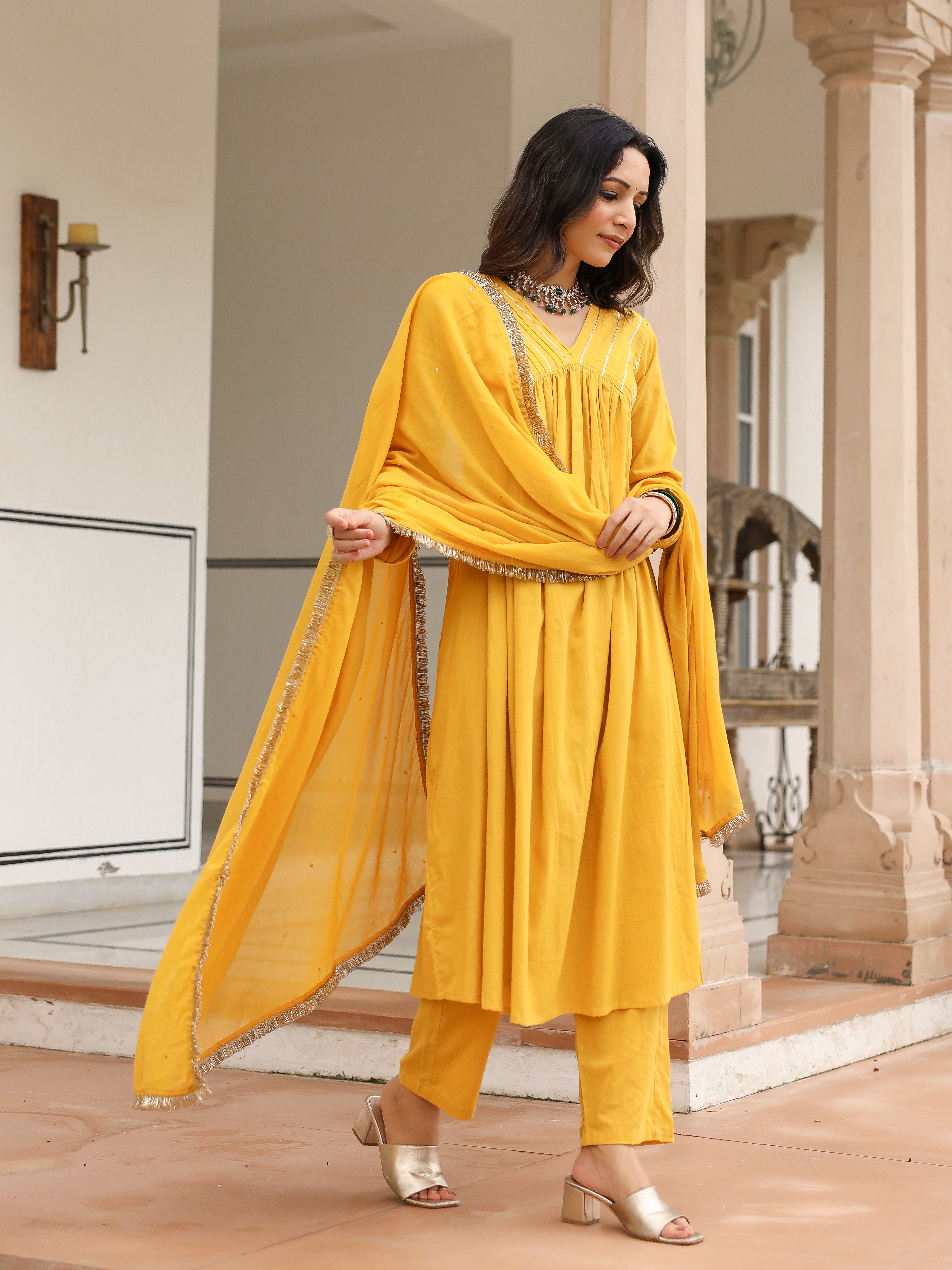 Mustard mulmul cotton anarkali kurta set with trousers and dupatta