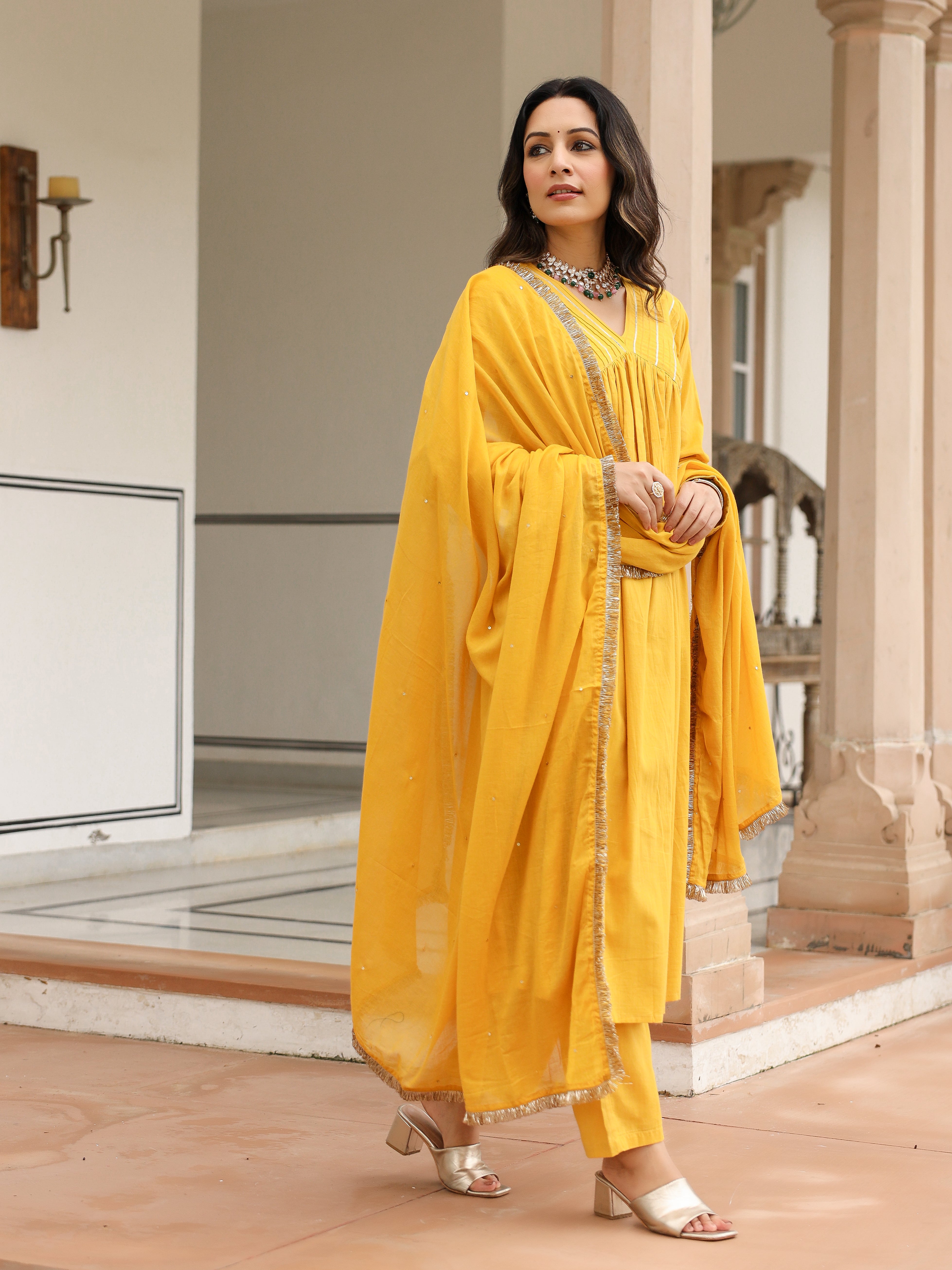 Mustard mulmul cotton anarkali kurta set with trousers and dupatta
