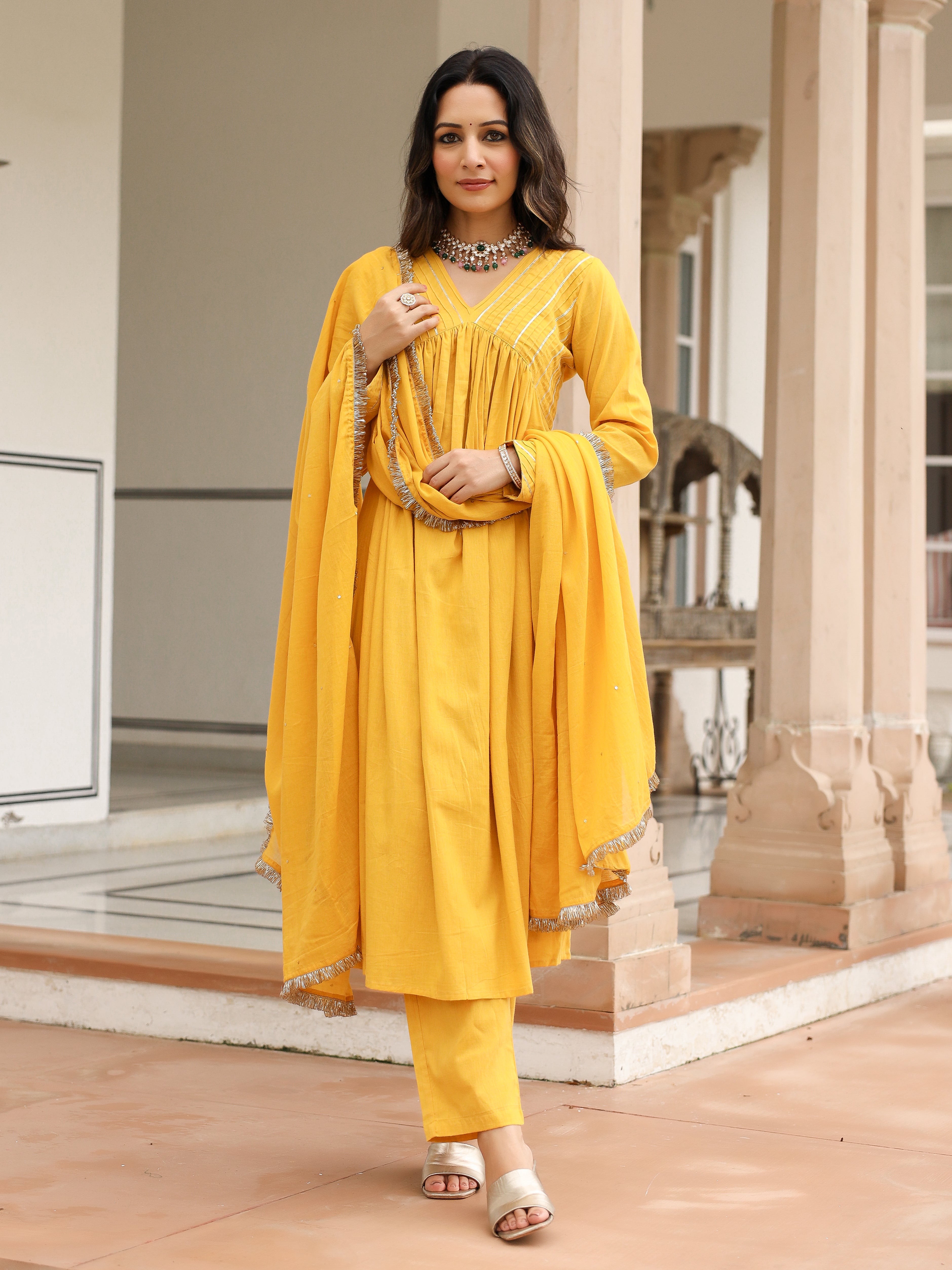 Mustard mulmul cotton anarkali kurta set with trousers and dupatta
