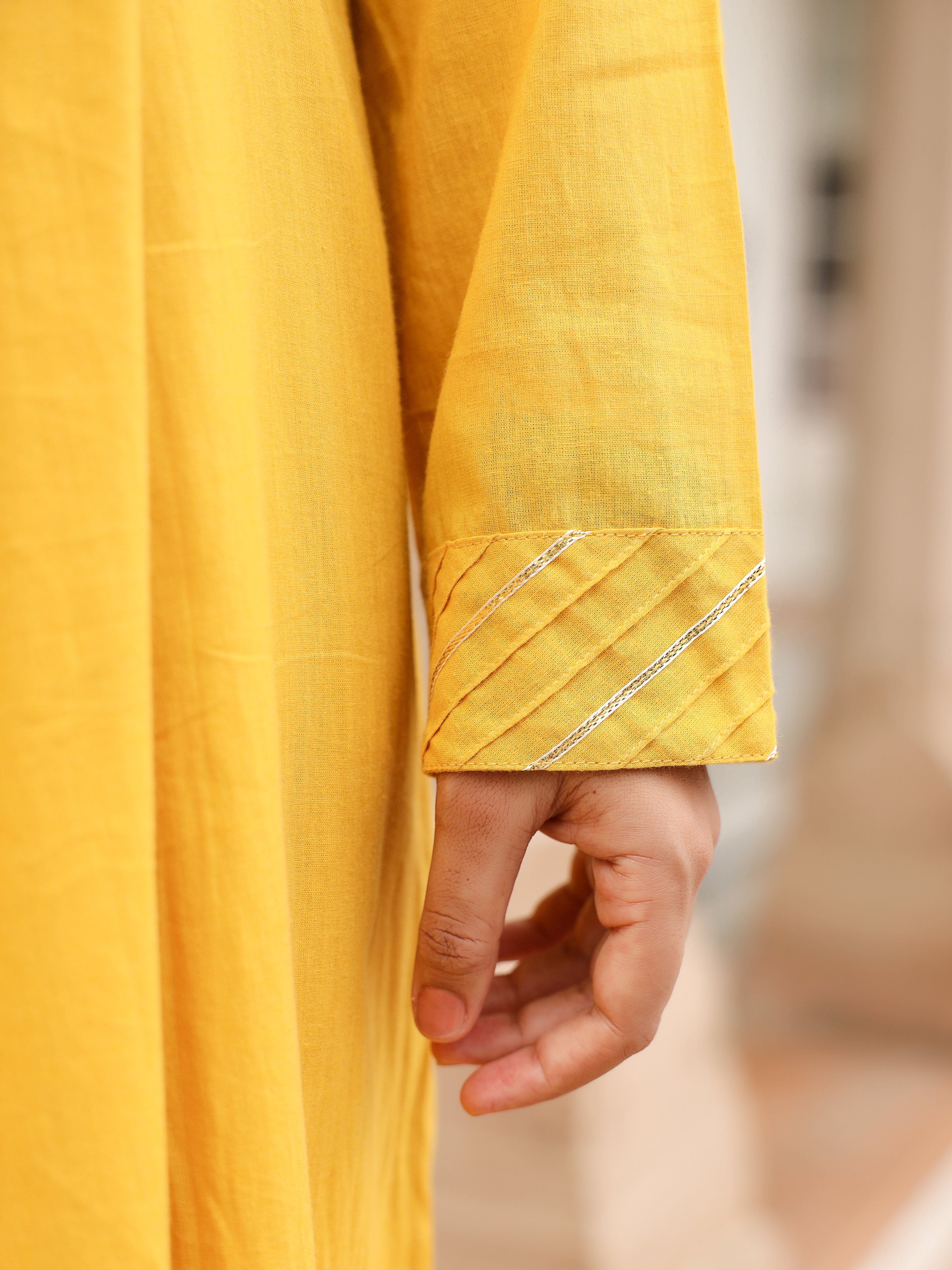 Mustard mulmul cotton anarkali kurta set with trousers and dupatta