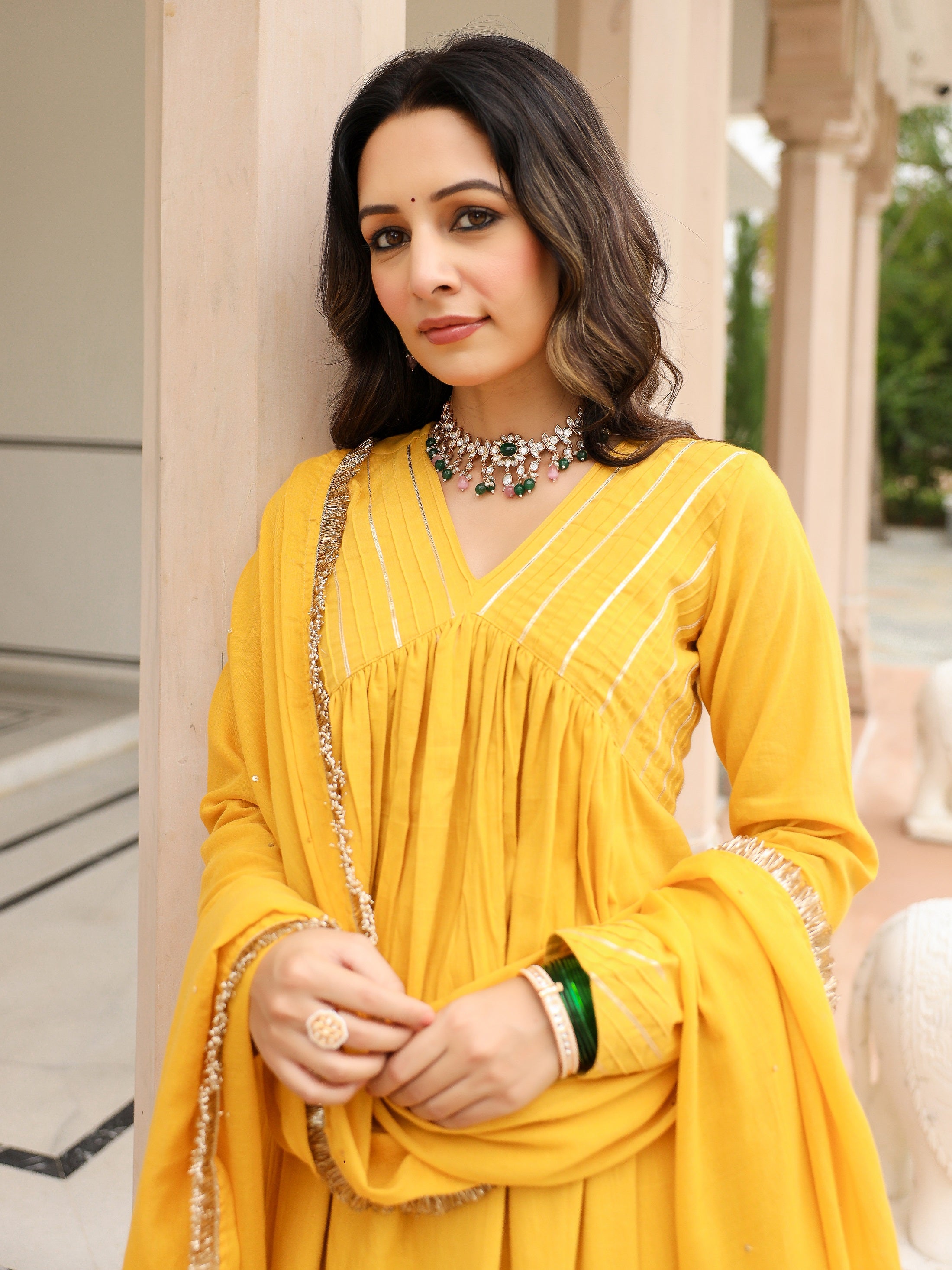 Mustard mulmul cotton anarkali kurta set with trousers and dupatta