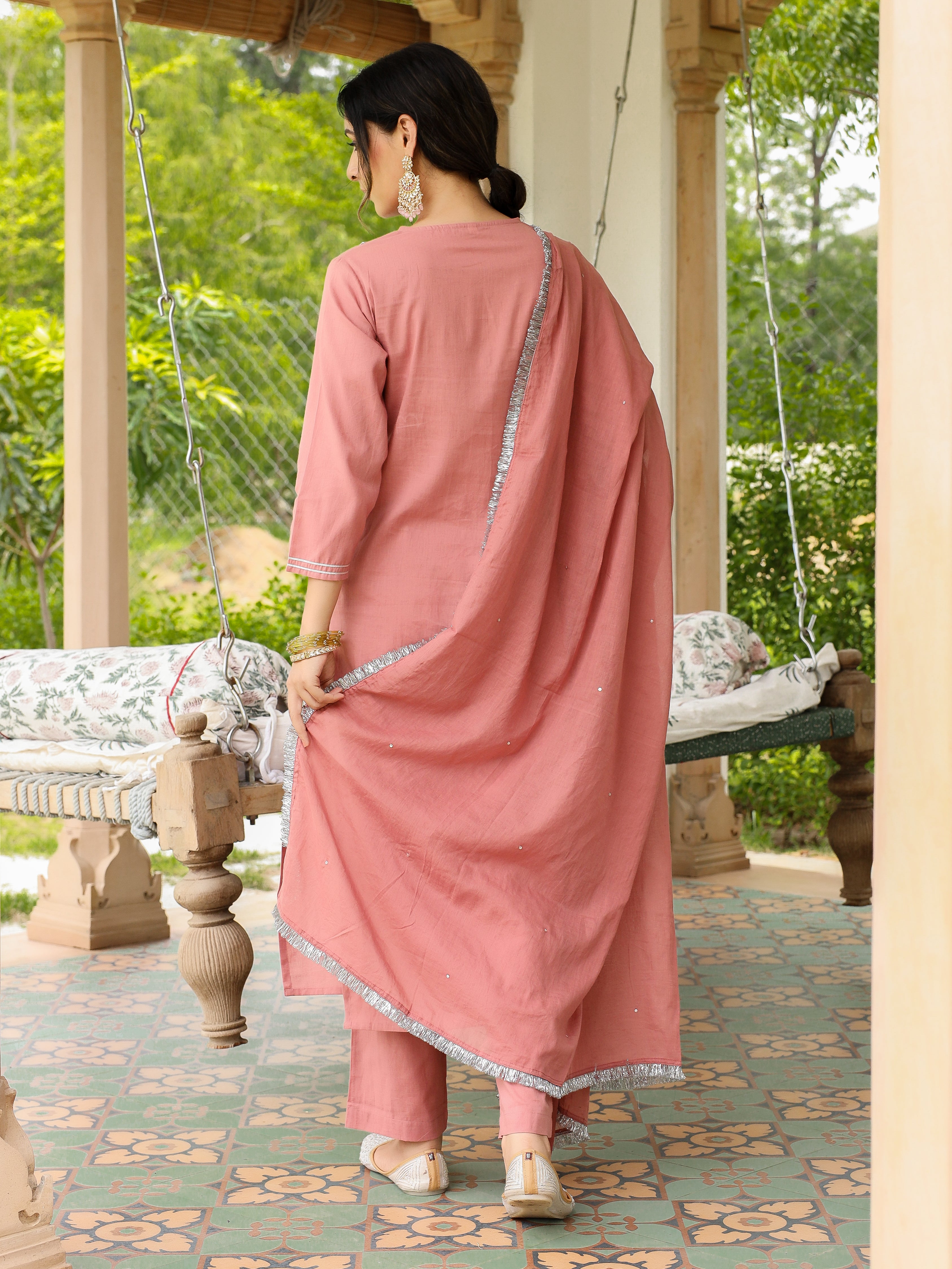 Dusty Pink mulmul cotton kurta set with trousers and dupatta