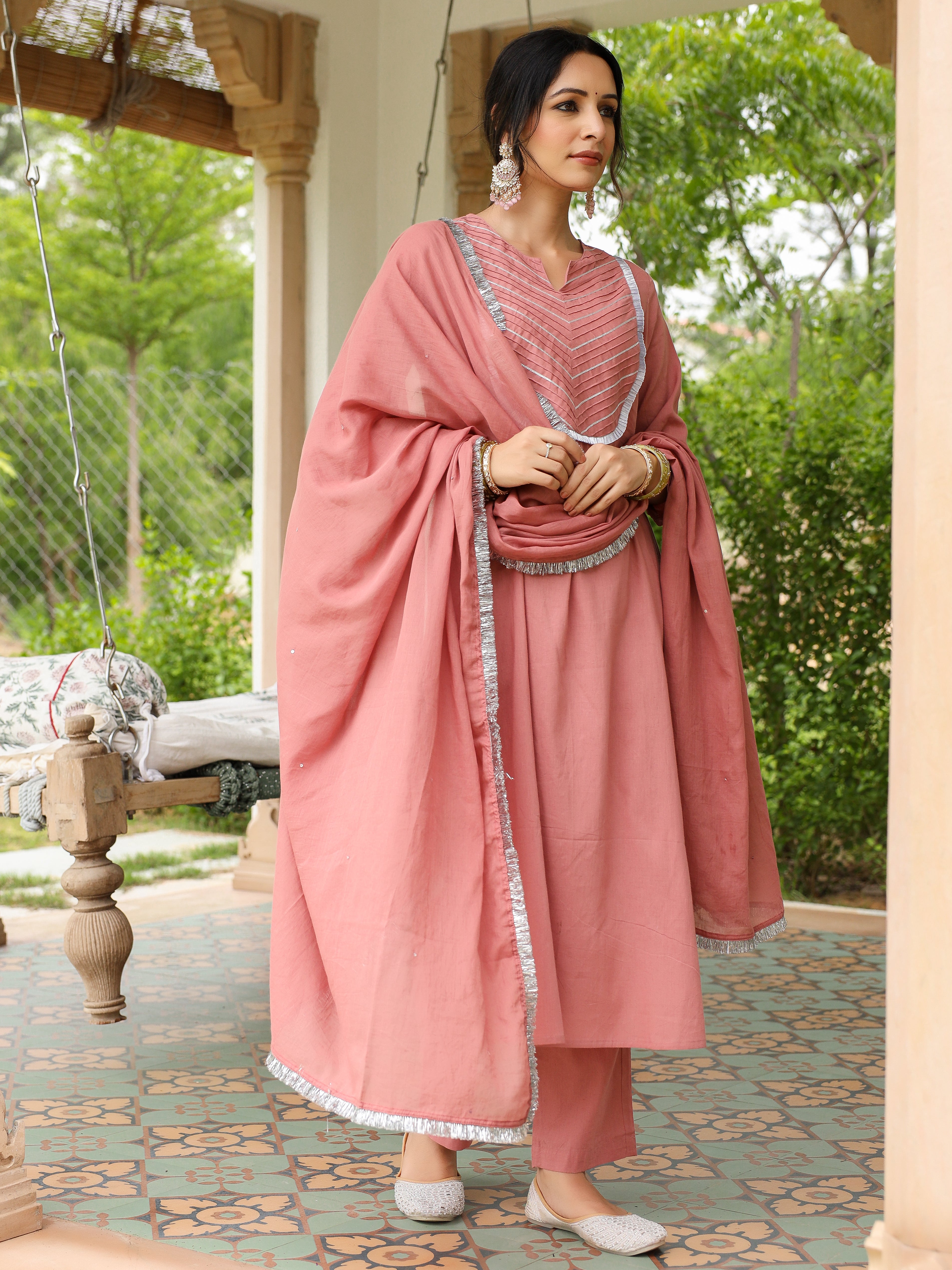 Dusty Pink mulmul cotton kurta set with trousers and dupatta