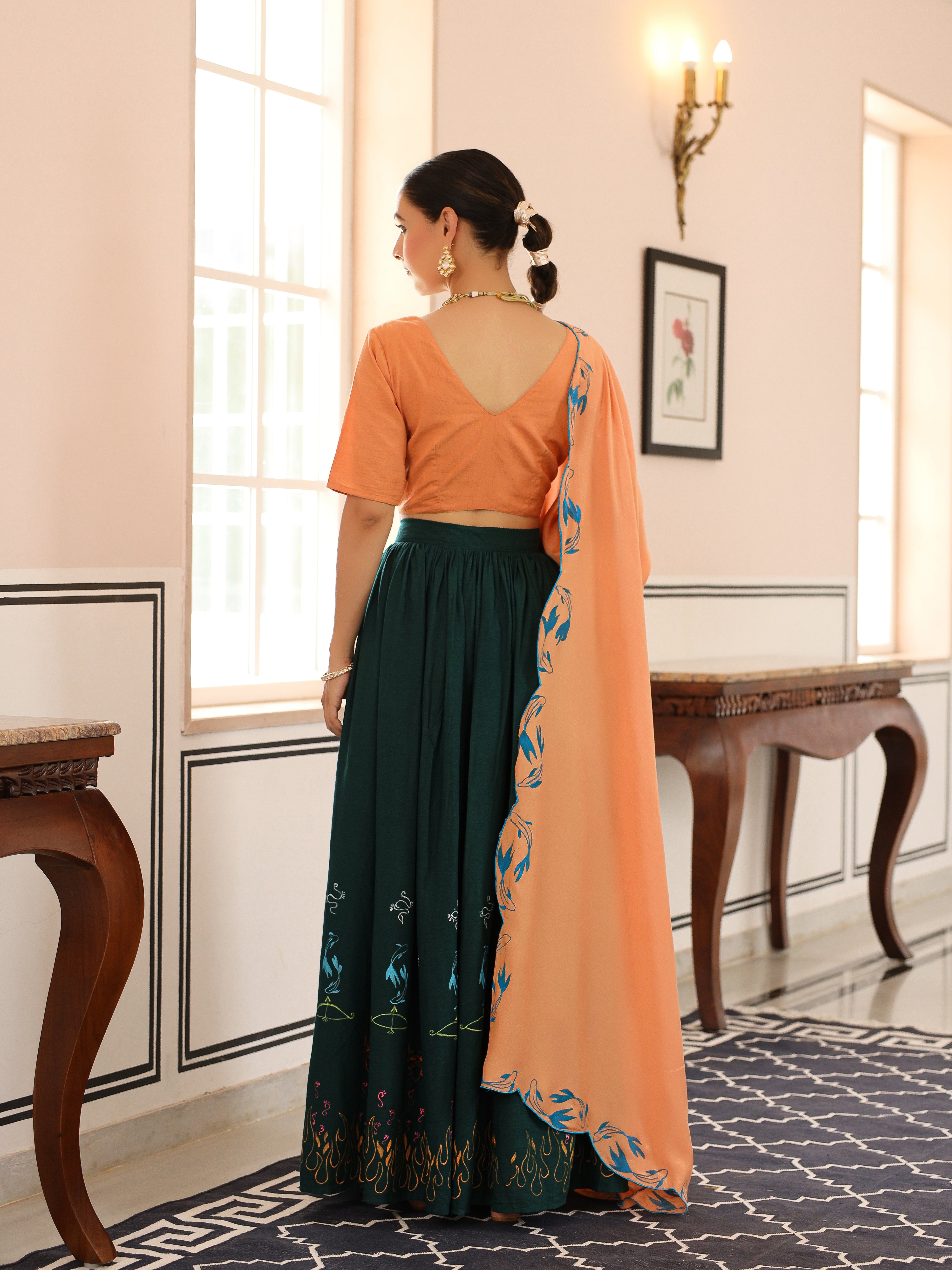 Stunning Bottle Green and Light Brown Handpainted Lehenga Set With Dupatta