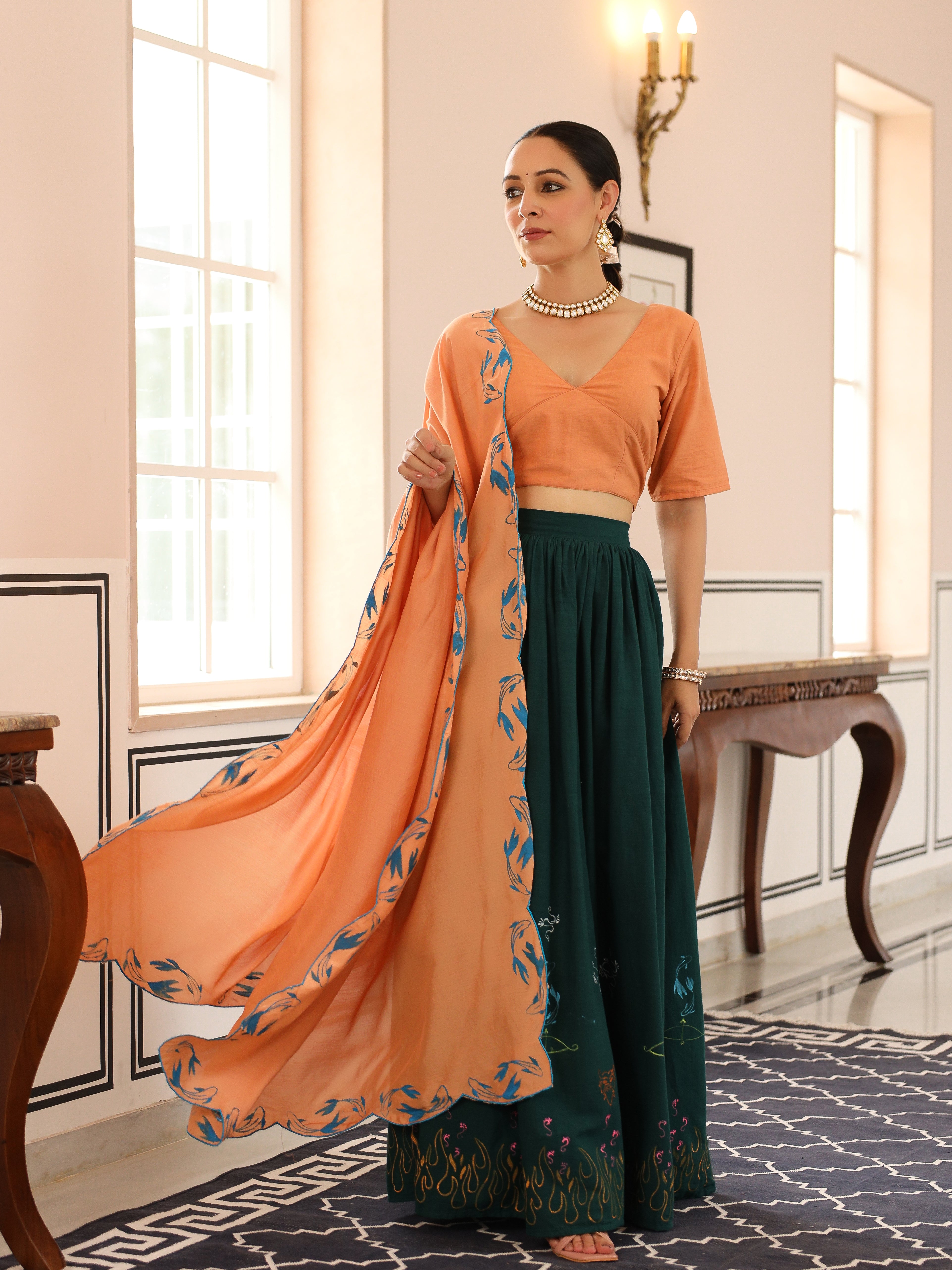 Stunning Bottle Green and Light Brown Handpainted Lehenga Set With Dupatta