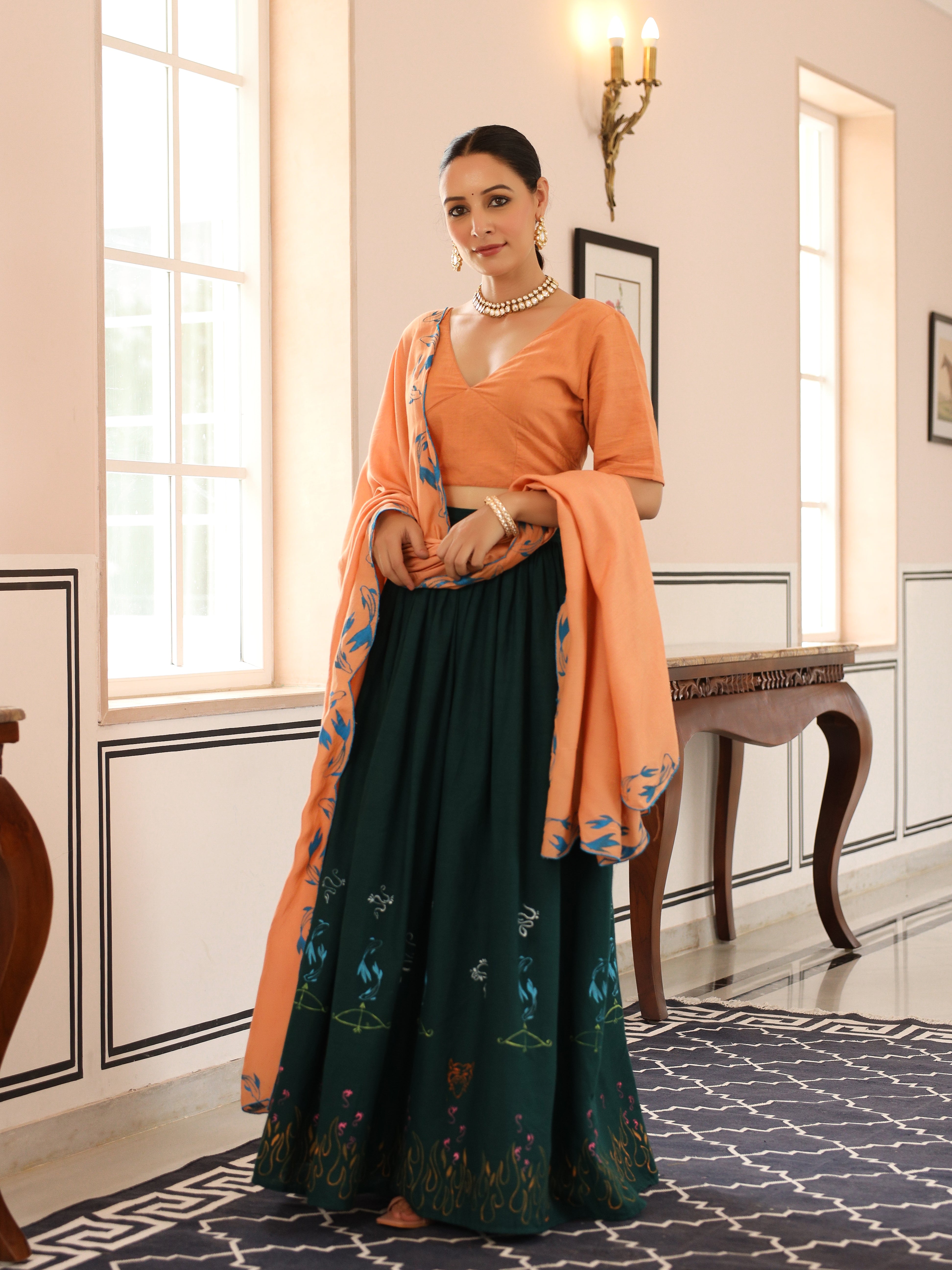 Stunning Bottle Green and Light Brown Handpainted Lehenga Set With Dupatta