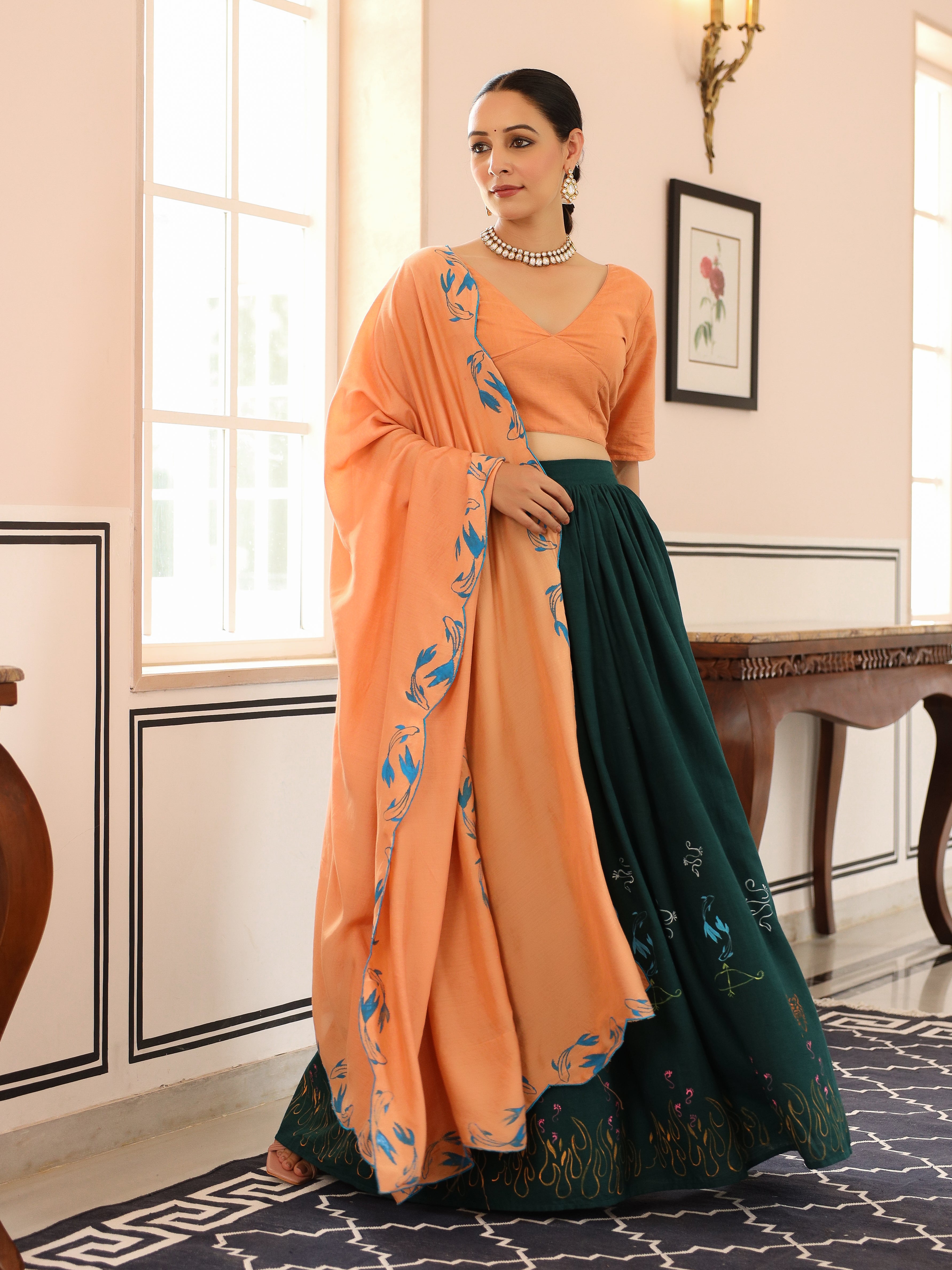 Stunning Bottle Green and Light Brown Handpainted Lehenga Set With Dupatta