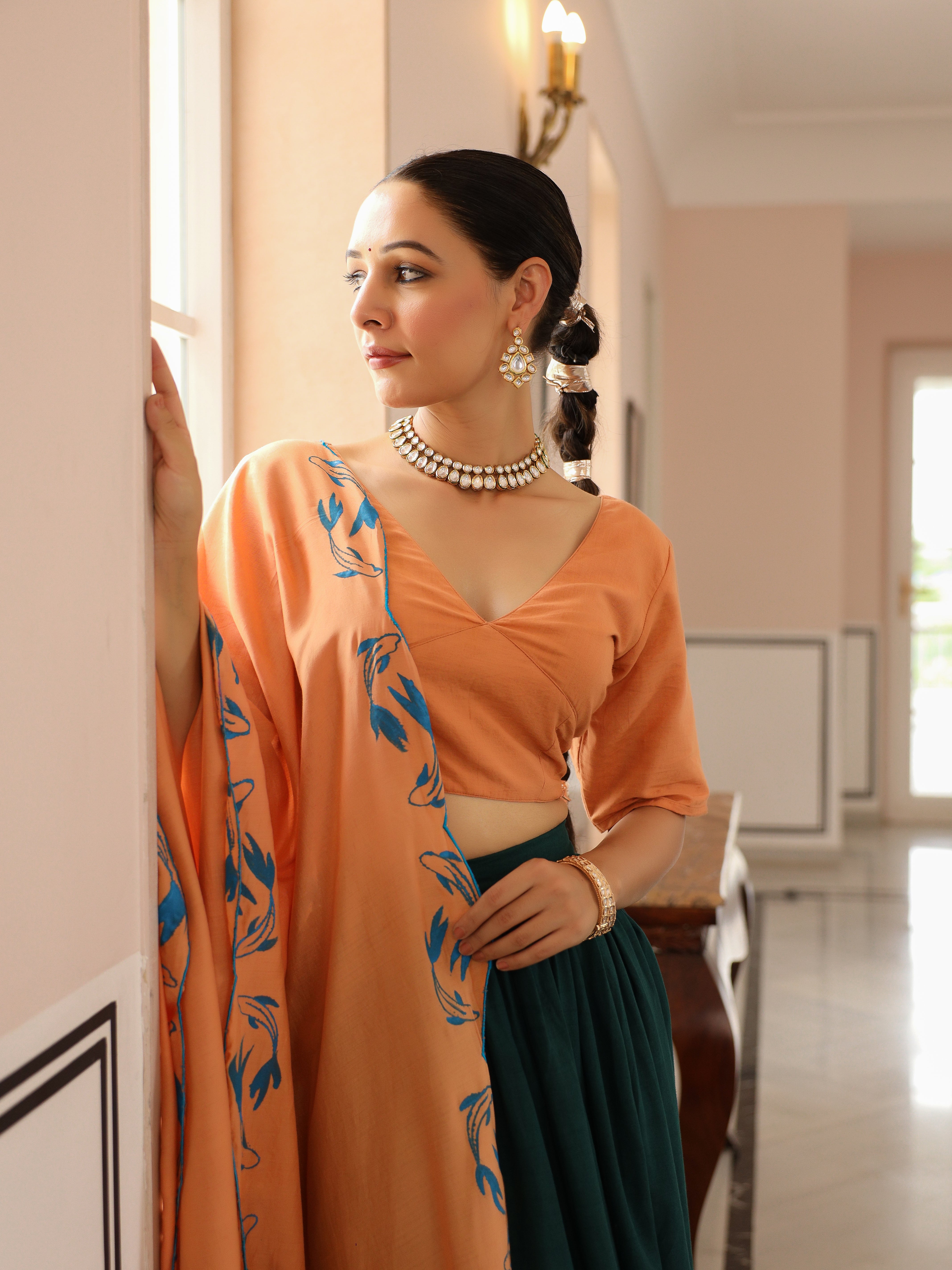 Stunning Bottle Green and Light Brown Handpainted Lehenga Set With Dupatta