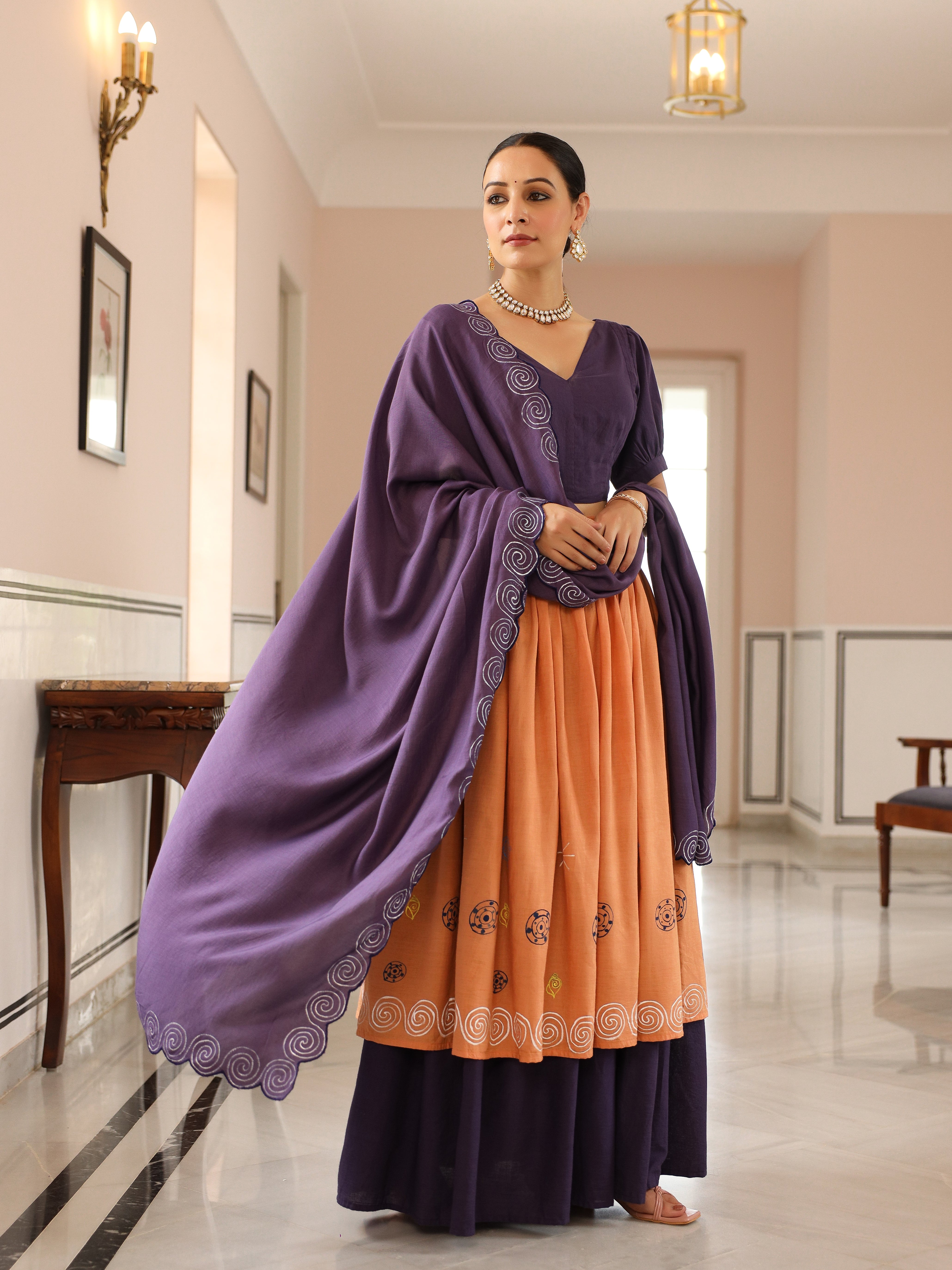 HANDPAINTED COTTON LEHENGA WITH BLOUSE AND DUPATTA