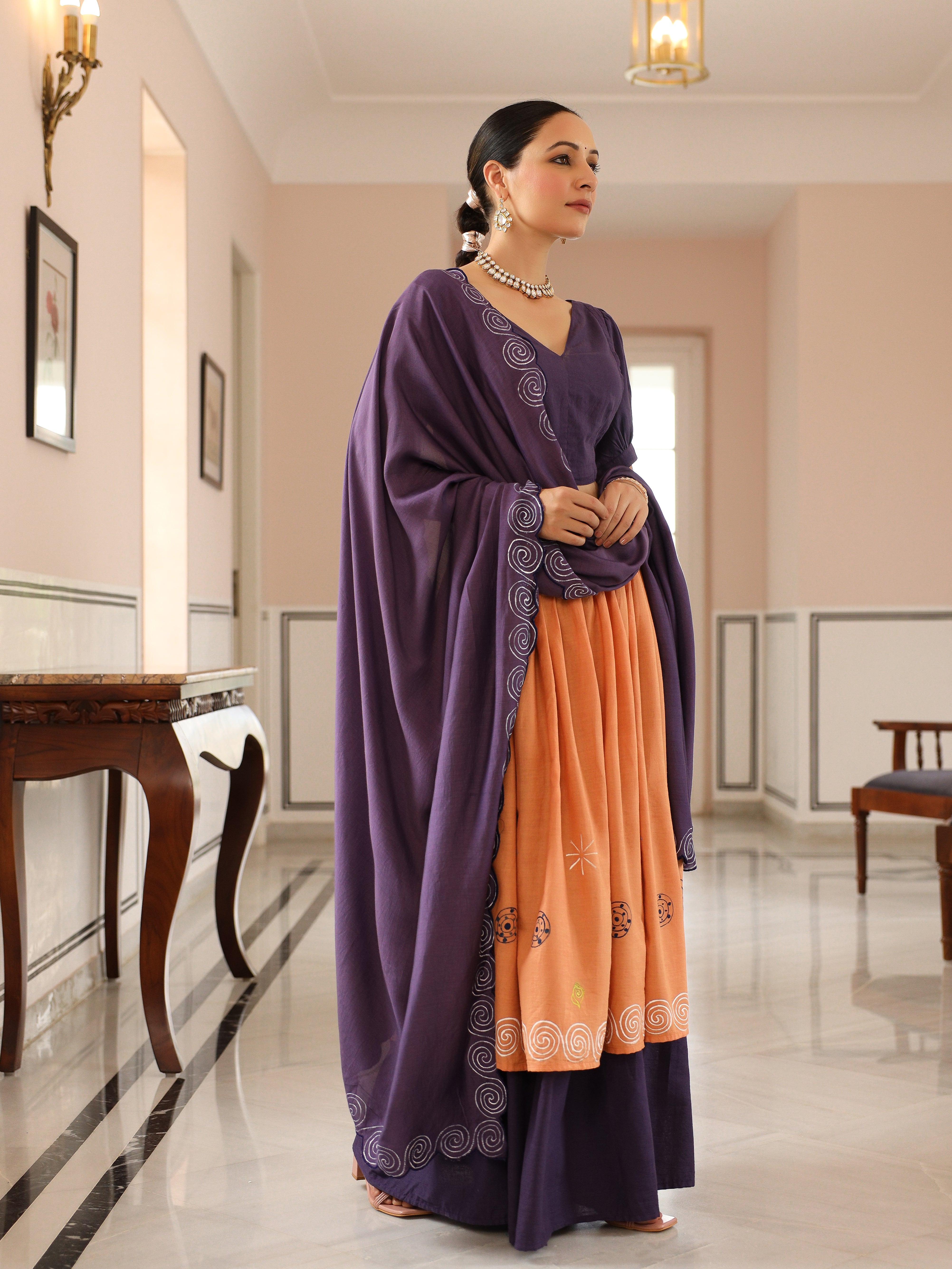 HANDPAINTED COTTON LEHENGA WITH BLOUSE AND DUPATTA