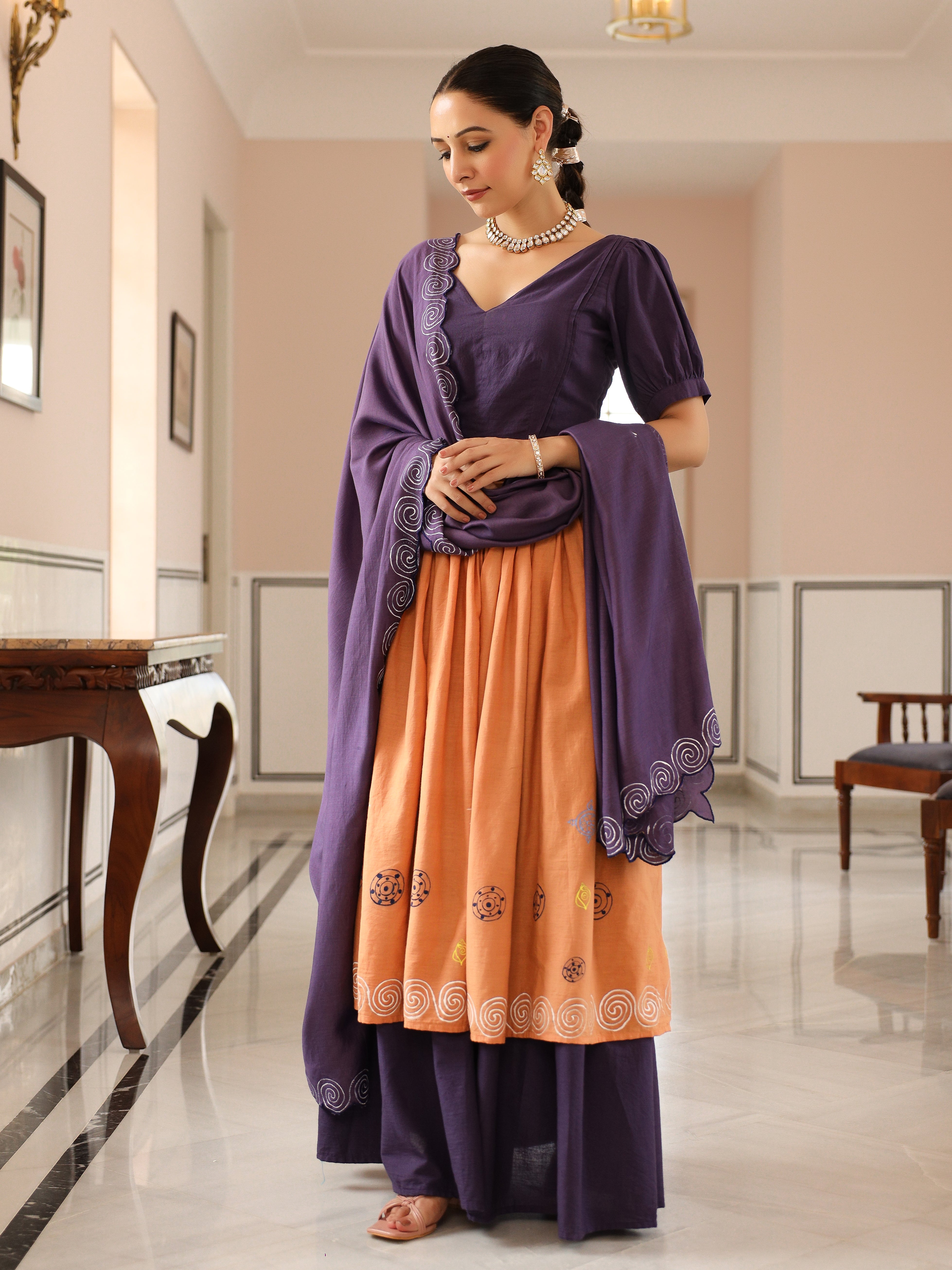 HANDPAINTED COTTON LEHENGA WITH BLOUSE AND DUPATTA