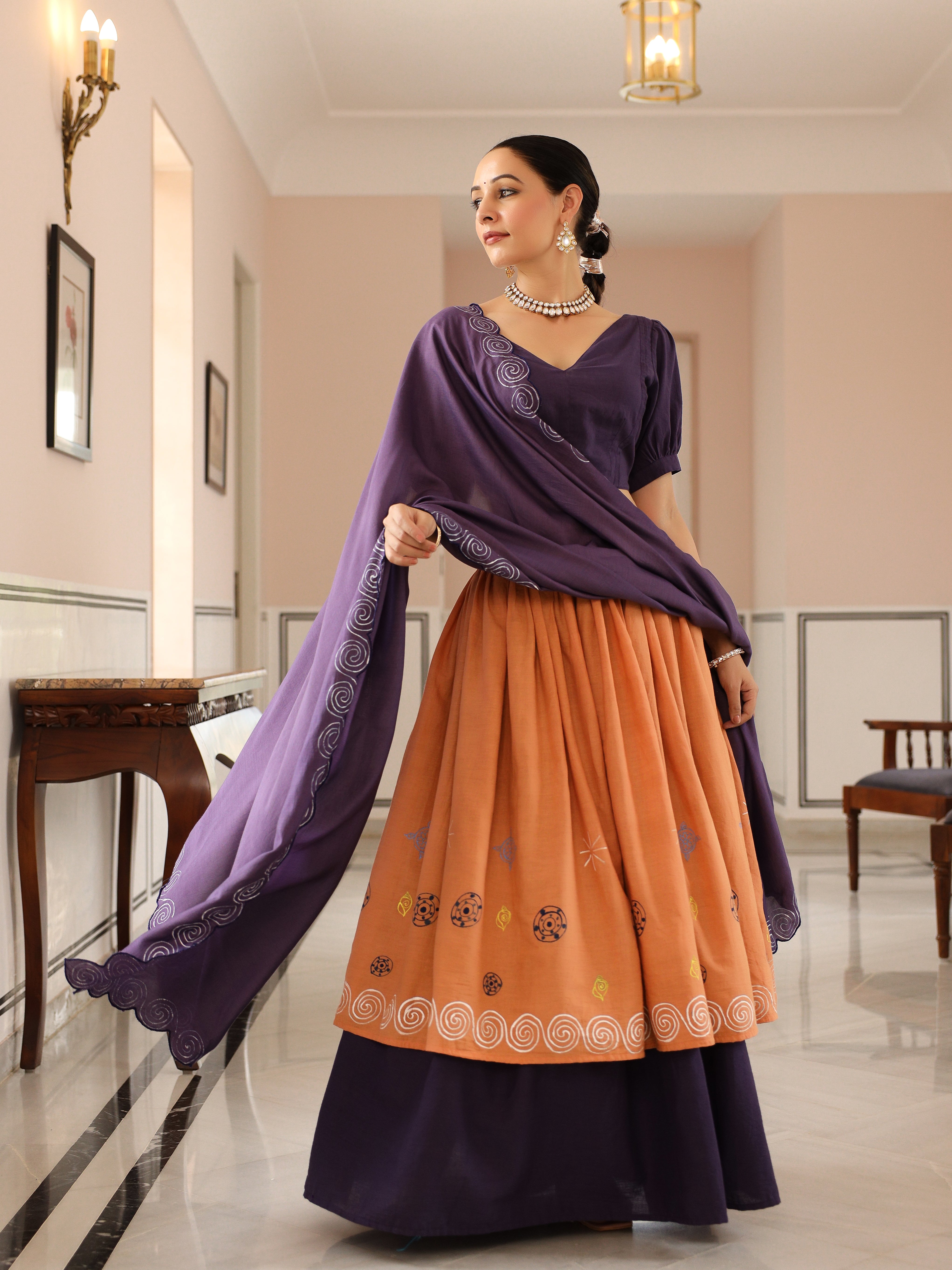 HANDPAINTED COTTON LEHENGA WITH BLOUSE AND DUPATTA